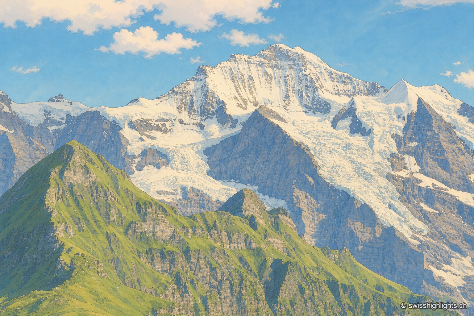 Le massif de la Jungfrau vu depuis un sommet voisin : au premier plan, une arête herbeuse verte se détache devant la paroi rocheuse et glaciaire, striée de névés et de glaciers suspendus qui descendent des crêtes ; à droite, une pointe rocheuse plus sombre se dessine sous un ciel bleu parsemé de gros nuages blancs.
