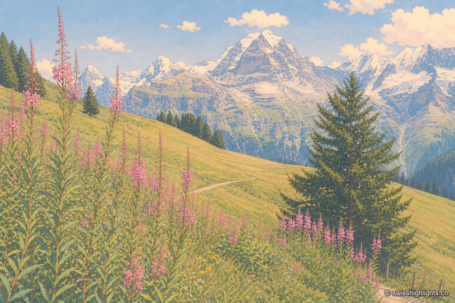 Prairie de montagne en pente au-dessus de Mürren en plein été : des épilobes en fleur roses occupent le premier plan, un grand sapin isolé se dresse au centre, un sentier traverse l'alpage vers quelques chalets de bois où marche un randonneur. Au fond, la barrière enneigée du massif de la Jungfrau se déploie d'un bord à l'autre du cadre, dominée par une haute pyramide de rocher et de glace, sous un ciel bleu parsemé de cumulus.