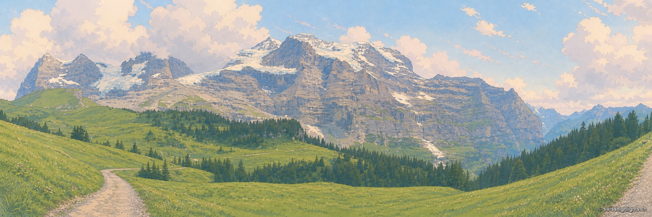 Panorama d'été pris depuis les pentes de la Wengernalp : au premier plan, un chemin de terre traverse un alpage vert vif semé de sapins isolés et d'un petit chalet à toit rouge ; au fond se dresse la muraille de la Jungfrau, roche grise striée de neige, coiffée de glaciers suspendus et de champs de névé. De gros nuages blancs couvrent la moitié du ciel.