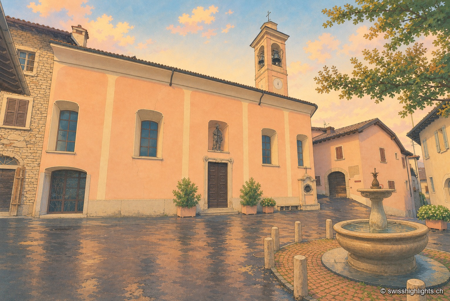 La façade ocre de l'église du village de Meride, flanquée de son campanile à clocher à bulbe et d'une statue en niche au-dessus du portail ; sur la place pavée mouillée qui reflète un ciel de fin de journée, une fontaine en pierre et des pots de fleurs devant l'entrée, un arbre à droite.