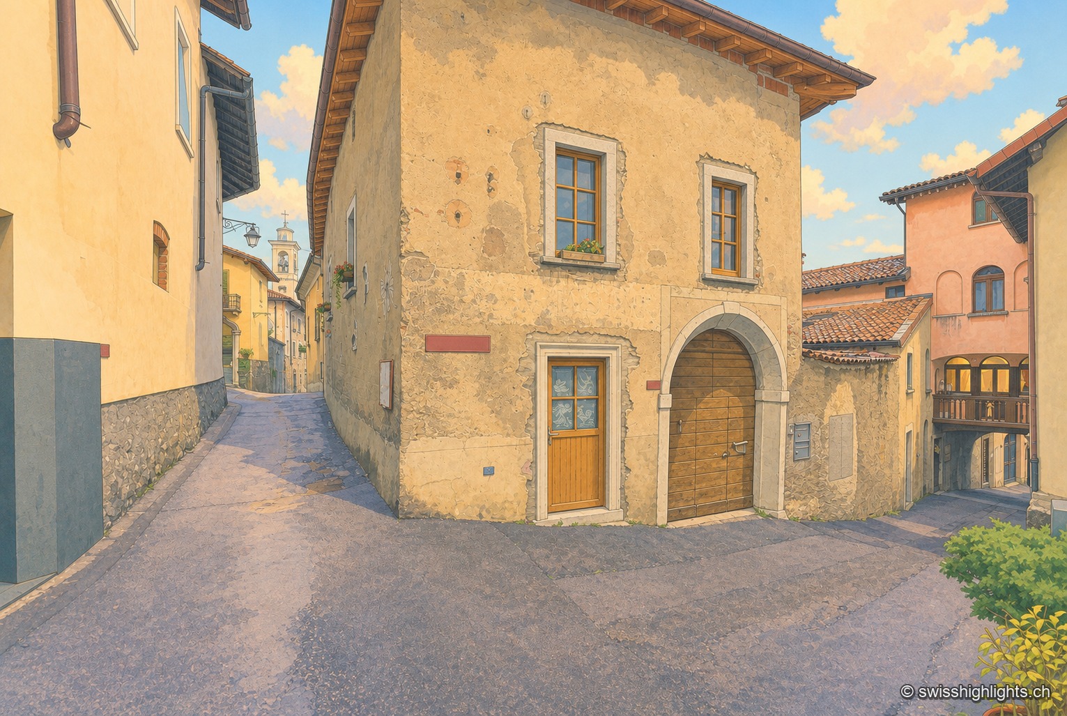 Une ruelle pavée de Meride tourne à l'angle d'une maison en pierre crépie, avec porte cintrée en bois et fenêtres à volets ; au fond de la ruelle, le campanile du village se détache sous un ciel bleu semé de nuages.