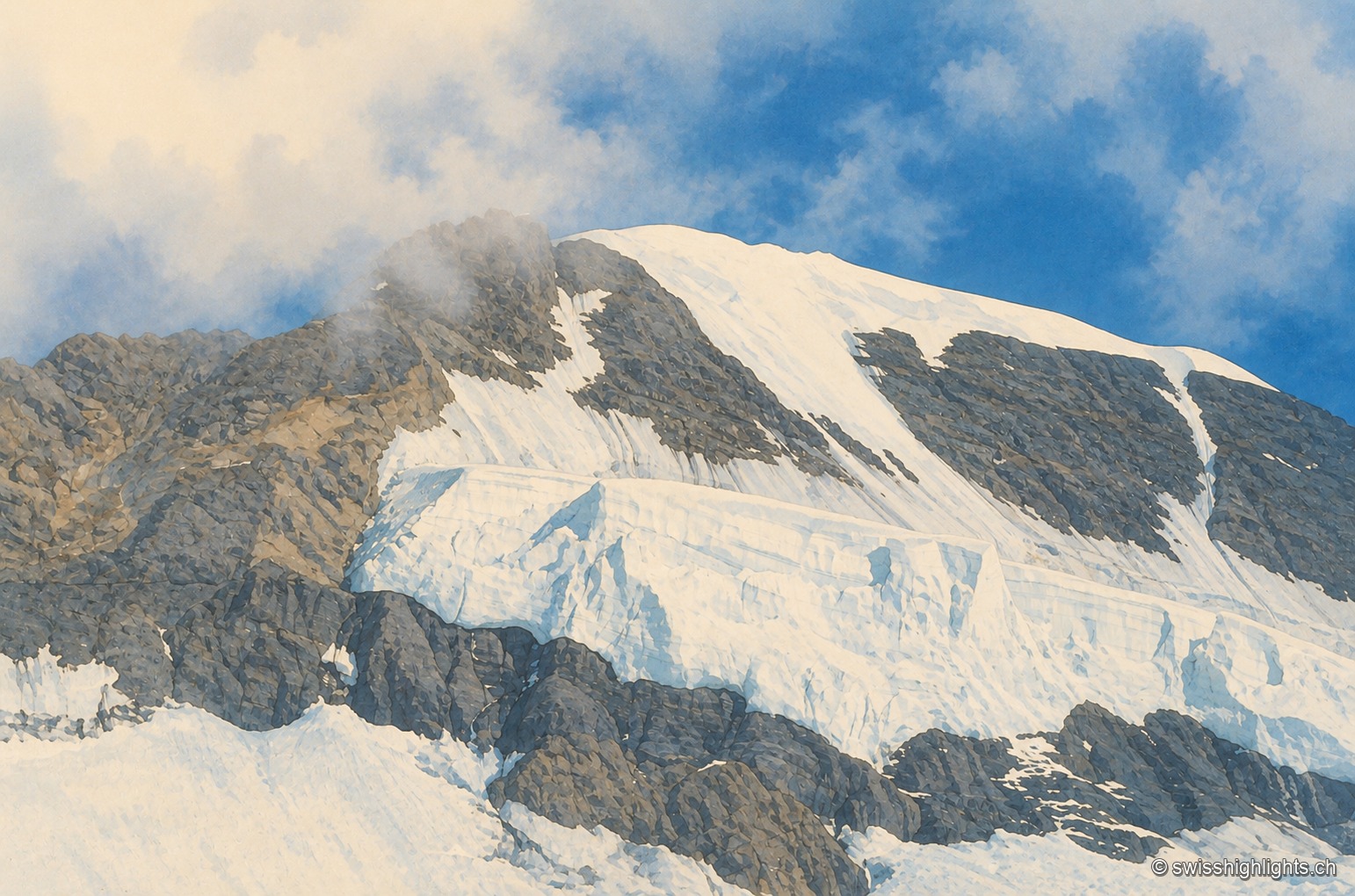 Gros plan sur l'arête sommitale du Mönch : neige et glace crevassée recouvrent la paroi rocheuse, un panache de nuages effleure la crête sous un ciel bleu.