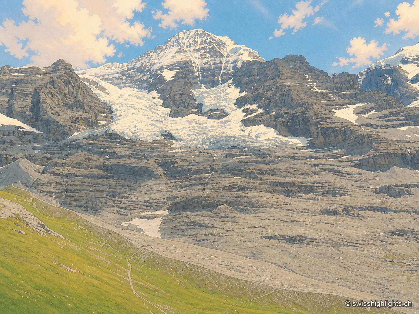 Le versant nord vu depuis un alpage : au premier plan une pente d'herbe rase traversée par un sentier de terre, au-dessus un long mur de rocher gris stratifié qui barre toute la largeur du cadre, et plus haut la pyramide sommitale enneigée, dont les couloirs de neige se prolongent en un glacier suspendu accroché sous les dalles ; ciel bleu chargé de cumulus.