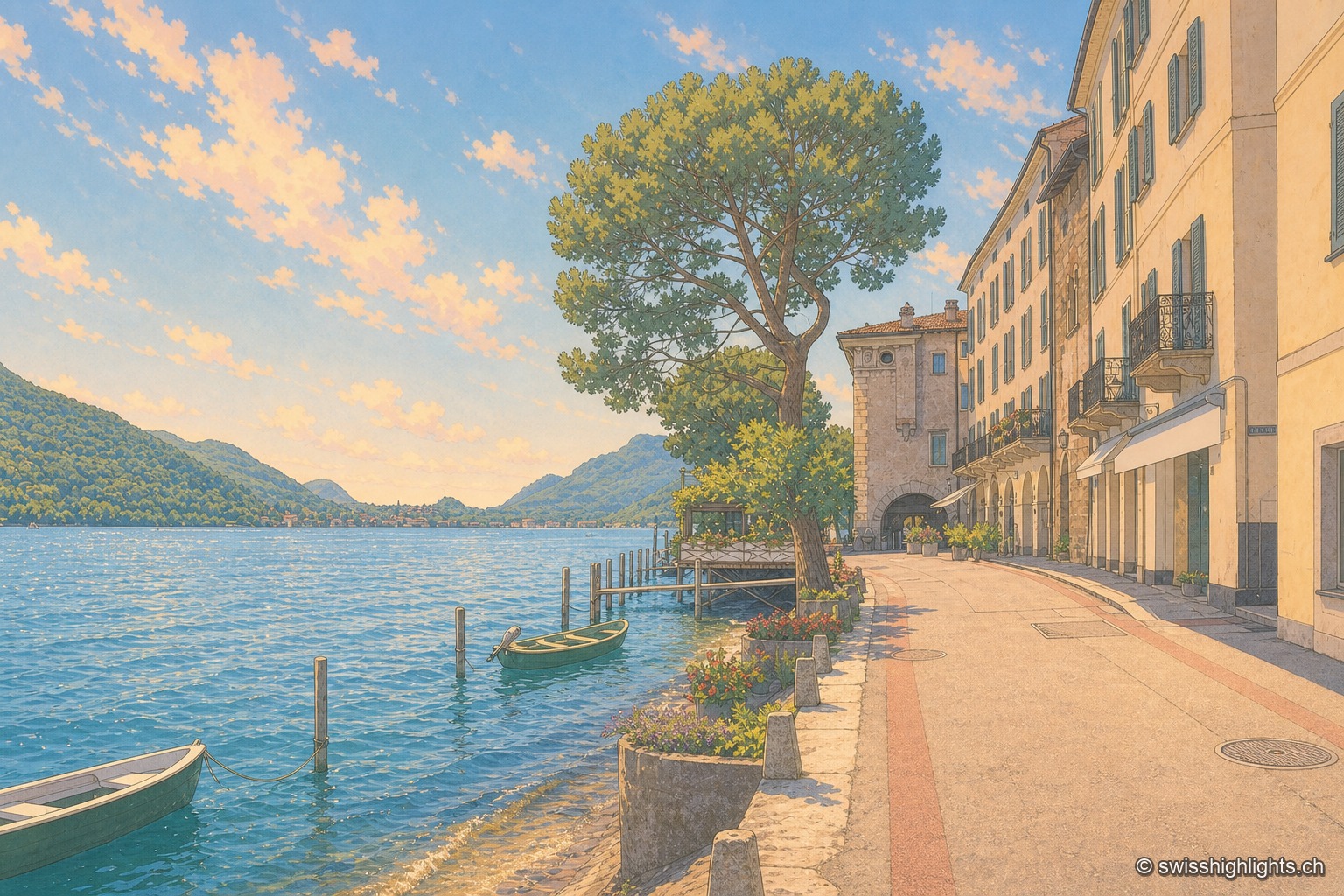 La promenade au bord du lac de Lugano à Morcote : deux barques amarrées près d'un embarcadère en bois, un grand pin parasol se penche au-dessus de l'eau, et les façades ocre des maisons du village bordent le quai pavé sous un ciel de fin de journée.