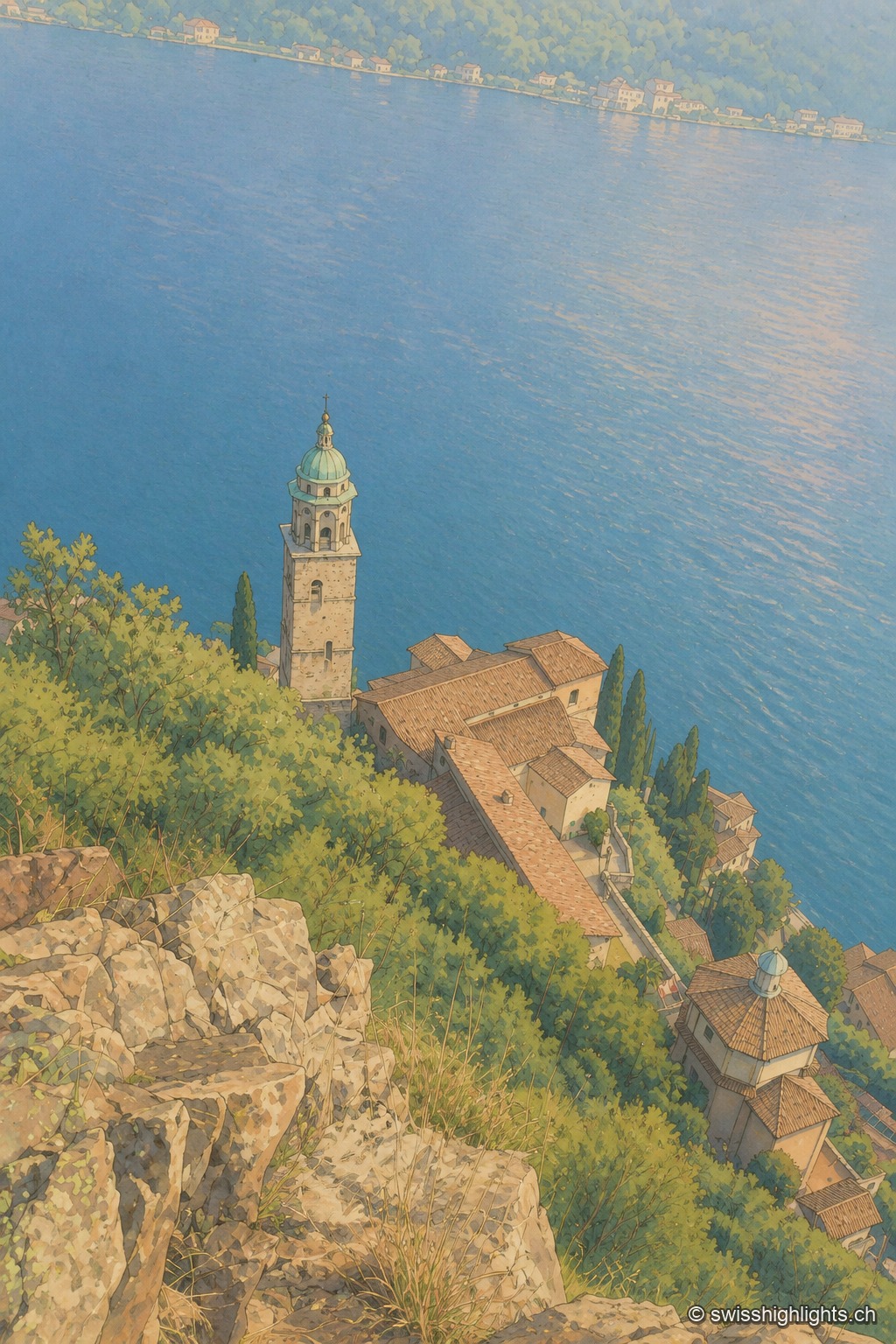 Vue plongeante verticale sur l'église Santa Maria del Sasso de Morcote : son campanile à coupole émerge des cyprès et de la végétation, entre les toits de tuiles du sanctuaire et les eaux bleues du lac de Lugano en contrebas ; au premier plan, un affleurement rocheux.