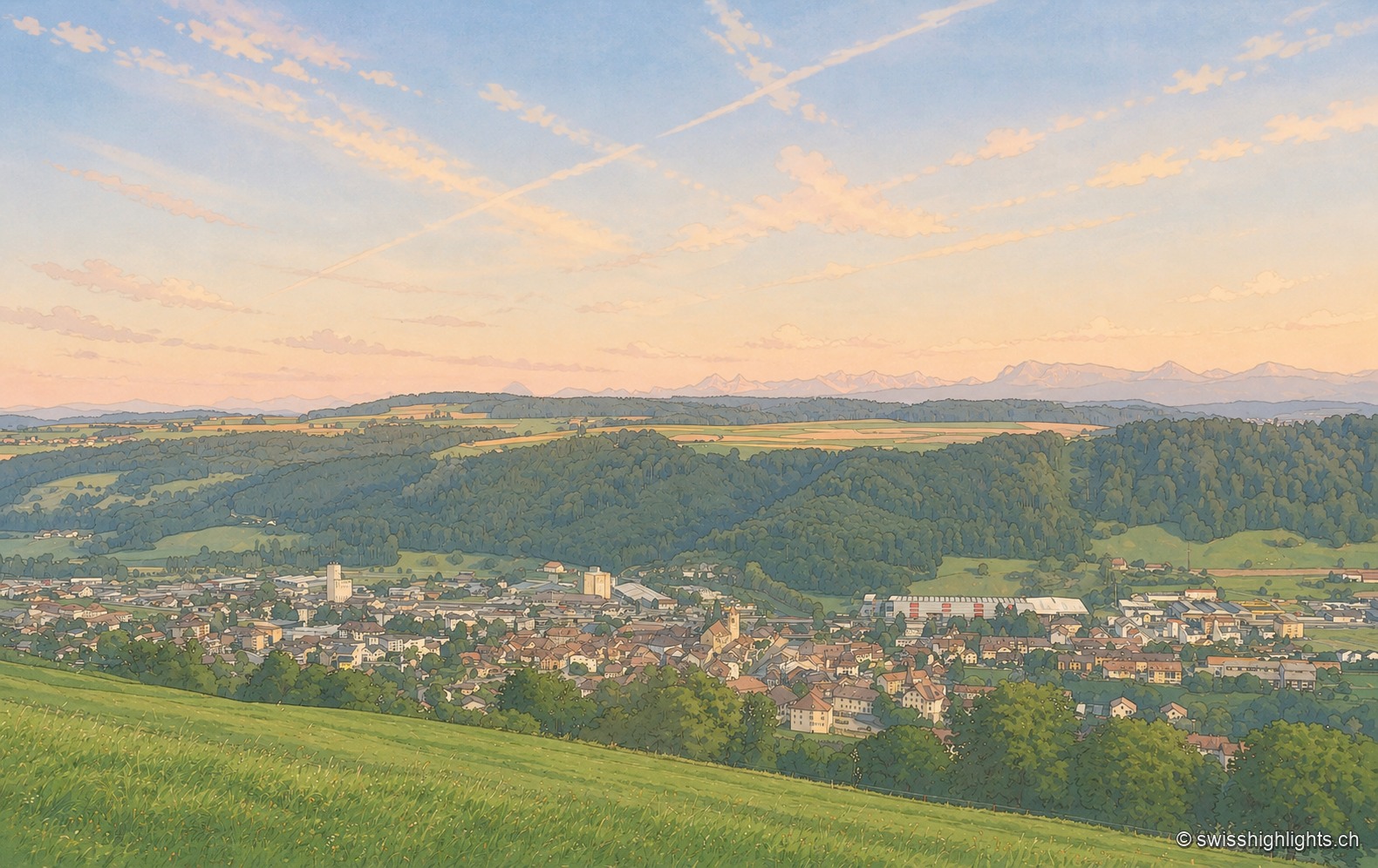 Vue surplombante sur Moudon et sa vallée depuis un pré en pente : les toits du bourg et son clocher se nichent au creux de collines boisées, avec la chaîne des Alpes qui se profile à l'horizon sous un ciel de fin de journée strié de traînées de condensation.