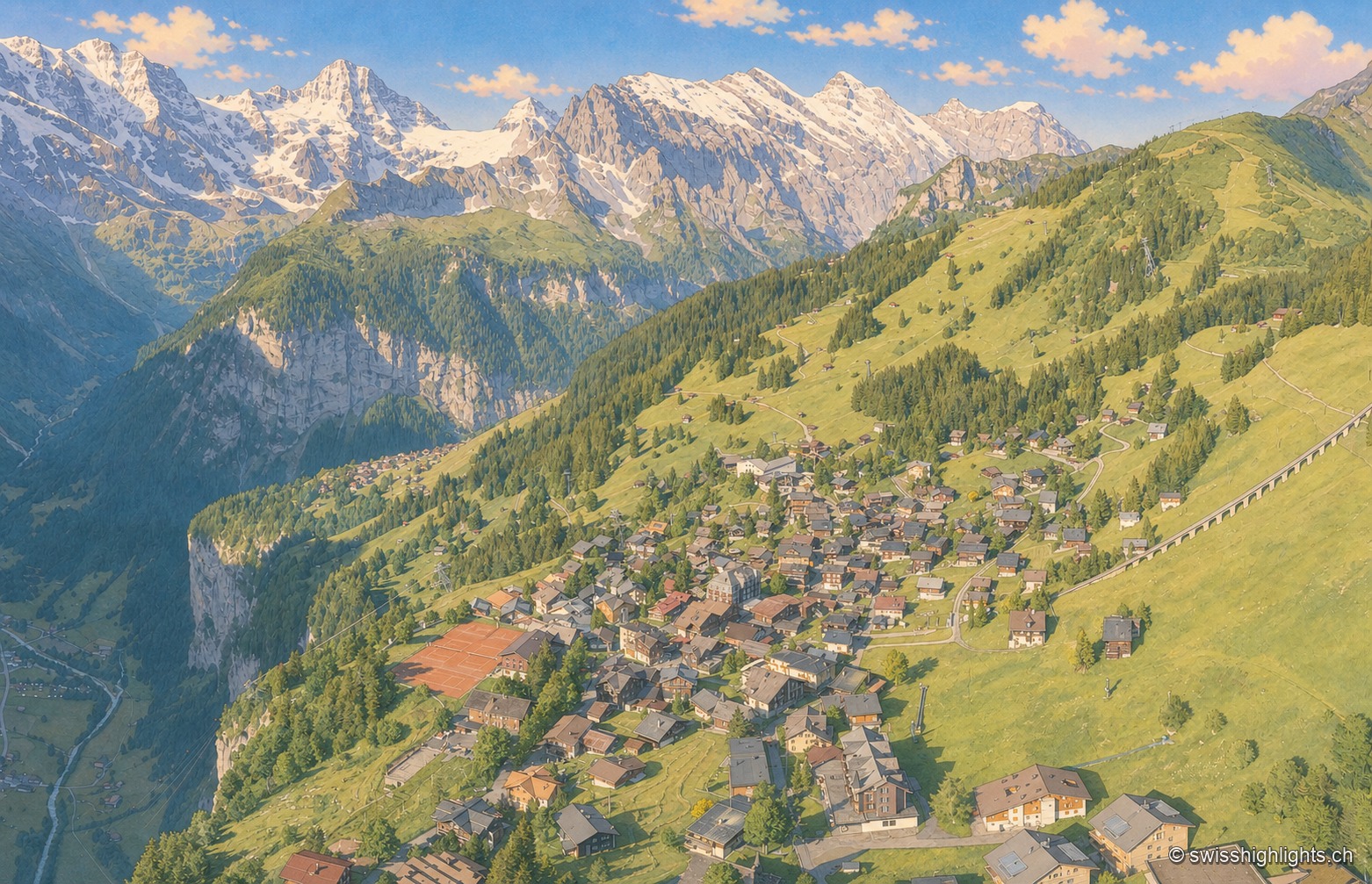 Vue aérienne du village de Mürren, ses chalets dispersés sur une large terrasse herbeuse en balcon au-dessus de la profonde vallée boisée de Lauterbrunnen, face à une chaîne de sommets enneigés sous un ciel strié de nuages dorés.