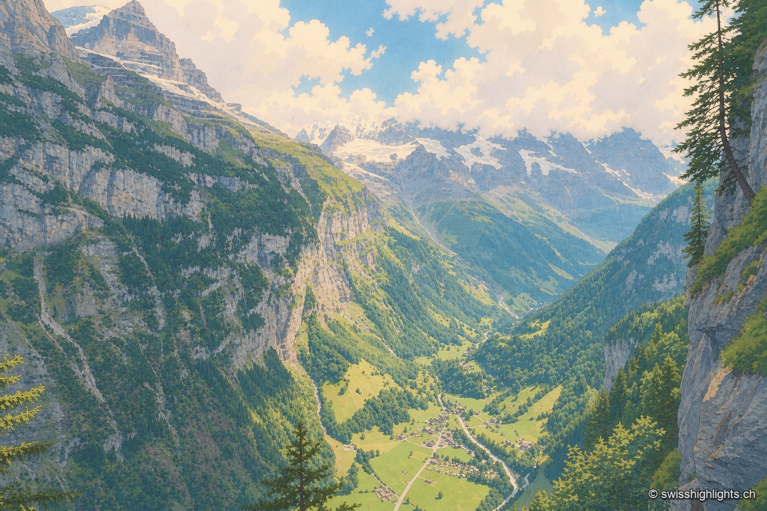 Vue plongeante depuis une paroi rocheuse sur la vallée glaciaire de Lauterbrunnen : une falaise abrupte, striée de traces de cascades, encadre un fond de vallée verdoyant où se niche un village entouré de prairies et de forêts, face à une chaîne de sommets englacés sous un ciel partiellement nuageux.