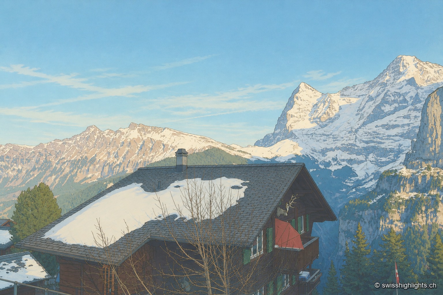 Le toit en pente d'un chalet mürrenois encore taché de neige, son balcon de bois aux volets verts et sa tête de cerf sous le pignon, face aux parois enneigées de l'Eiger et du Mönch sous un ciel bleu clair.