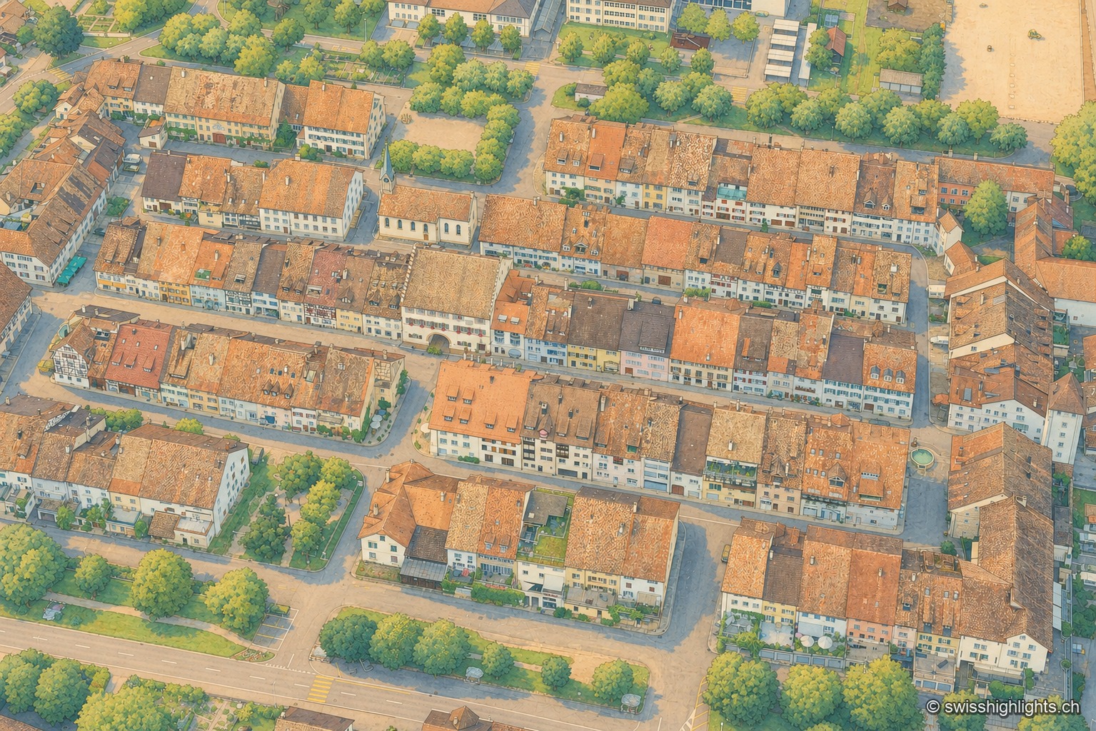 Vue plongeante sur les toits de tuiles orangées du bourg de Neunkirch, serrés le long de ruelles étroites autour du clocher de l'église, entourés d'arbres et de places ombragées.