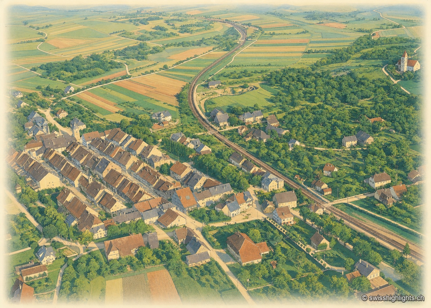 Photographie aérienne historique colorisée de Neunkirch : la voie ferrée traverse en courbe des champs cultivés, le village aligné le long de la route à gauche, une église isolée parmi les arbres à droite, dans une teinte sépia adoucie.