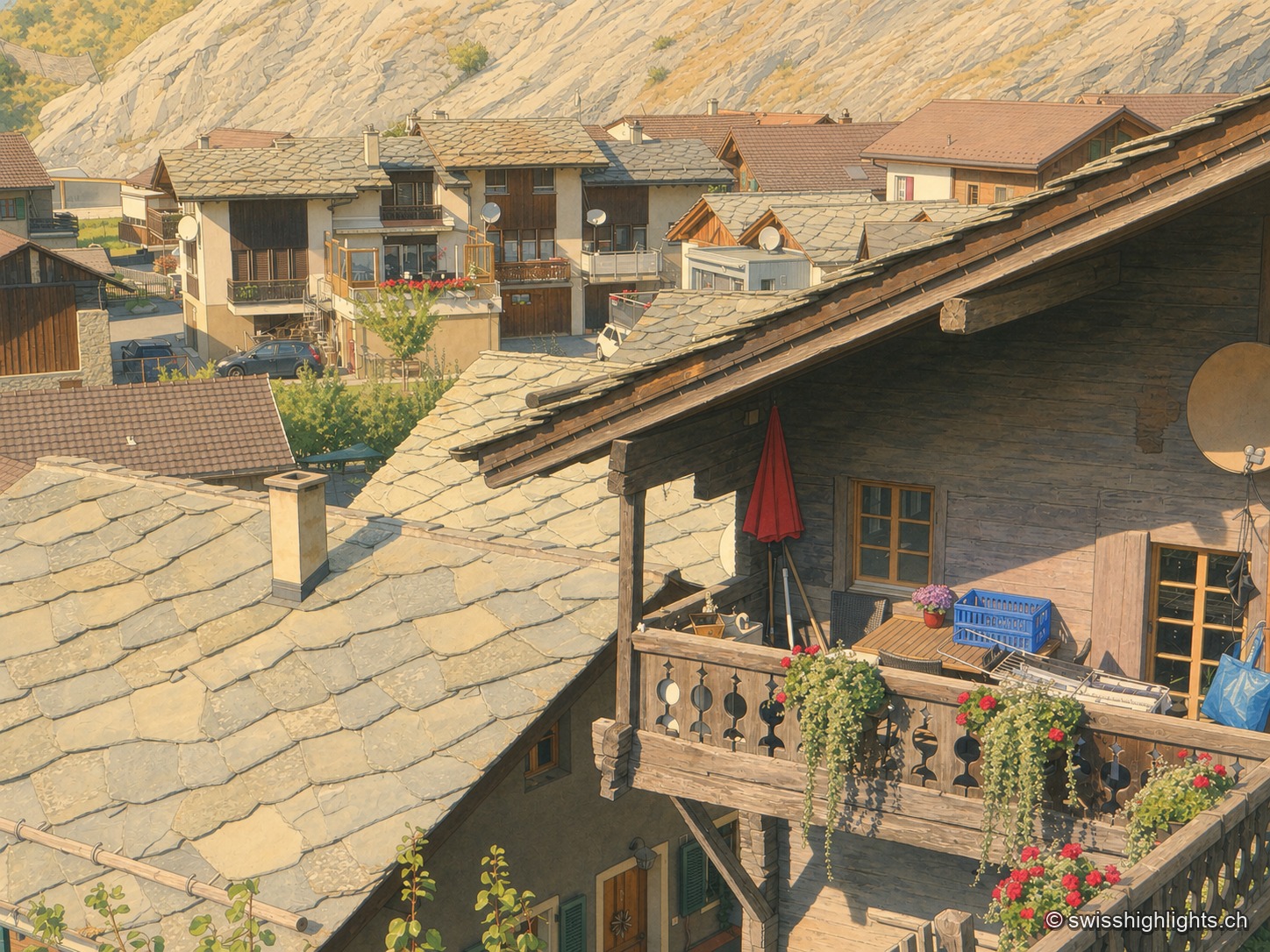 Les toits de Niedergesteln vus de haut : de larges dalles de pierre grise couvrent les maisons, un chalet de mélèze presque noir avance un balcon garni de géraniums rouges, quelques façades blanches et des toits de tuiles brunes s'étagent derrière, et la paroi rocheuse claire du versant ferme le fond de l'image.