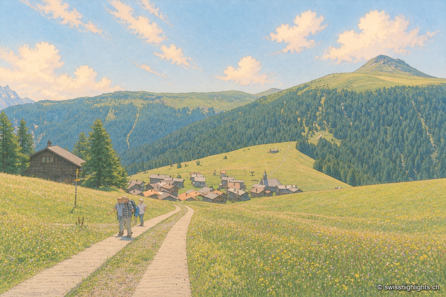 Trois randonneurs descendent un chemin entre les alpages fleuris vers le hameau d'Obermutten, blotti au creux de la pente sous un sommet arrondi, un chalet isolé et des sapins au premier plan.