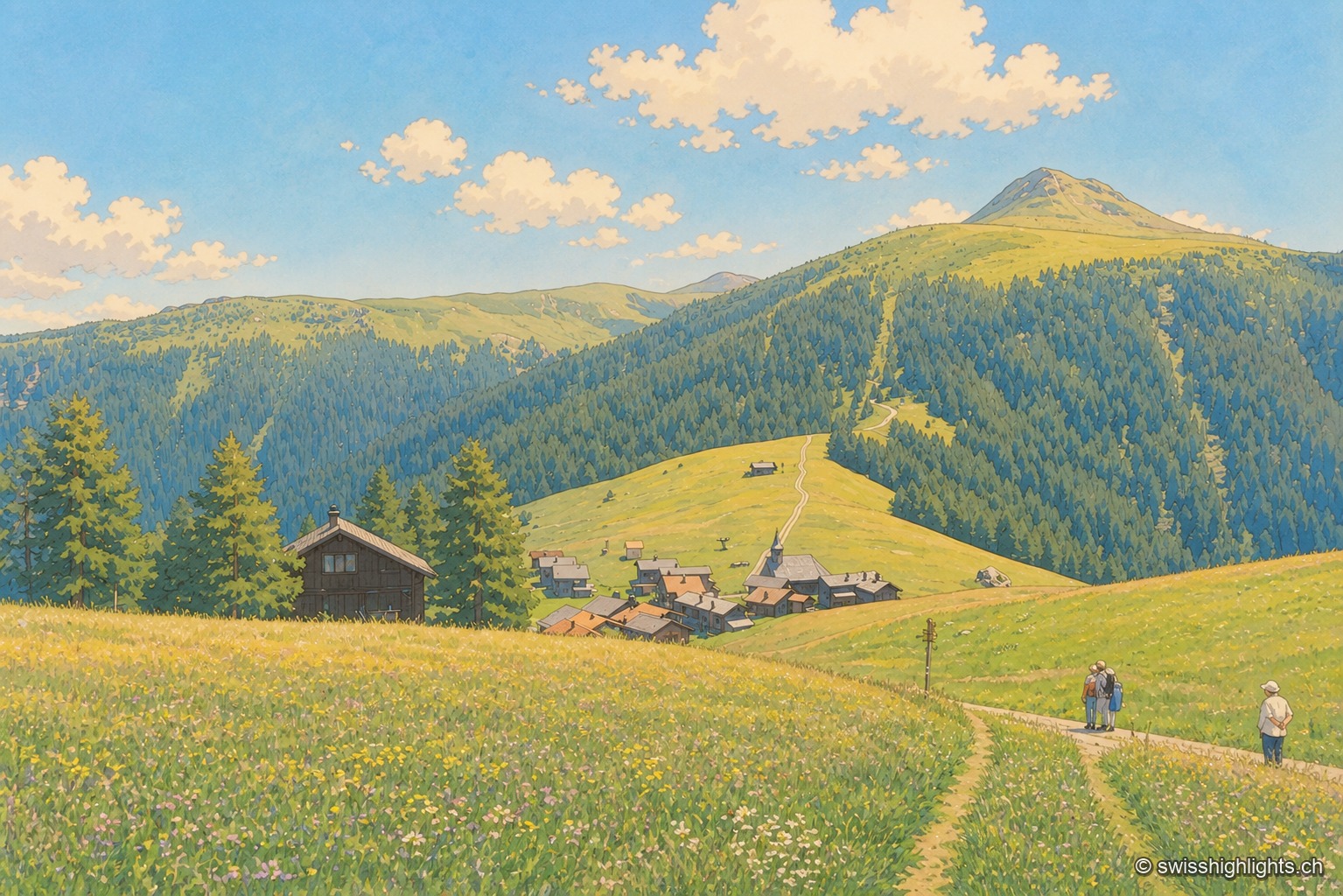Vue depuis un pâturage en fleurs sur le hameau d'Obermutten en contrebas, entre sapins et chalet isolé, avec des randonneurs sur le chemin et un sommet arrondi qui ferme l'horizon.
