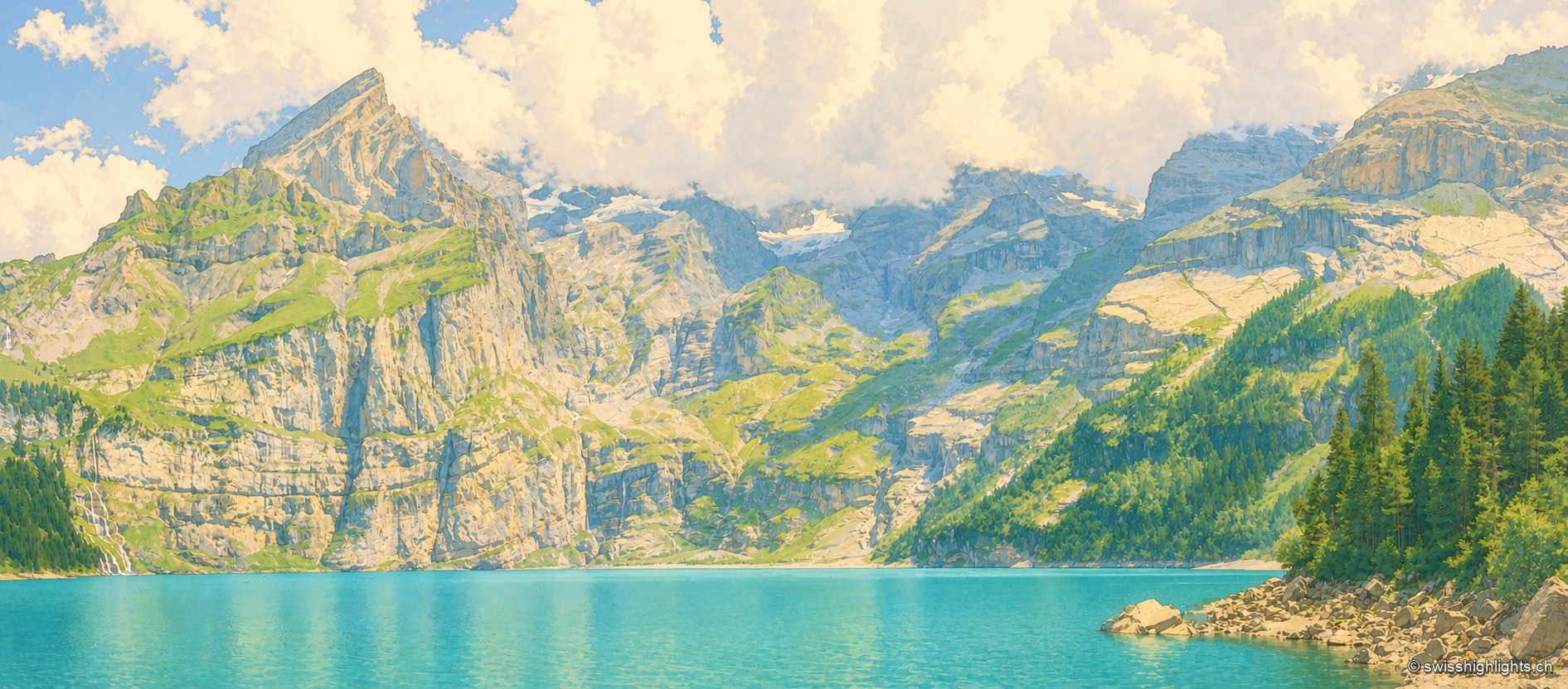 Panorama du lac d'Oeschinen au niveau de l'eau turquoise, une cascade dévalant la paroi rocheuse à gauche, une pointe boisée s'avançant dans le lac à droite, sous d'imposants sommets et un ciel nuageux.