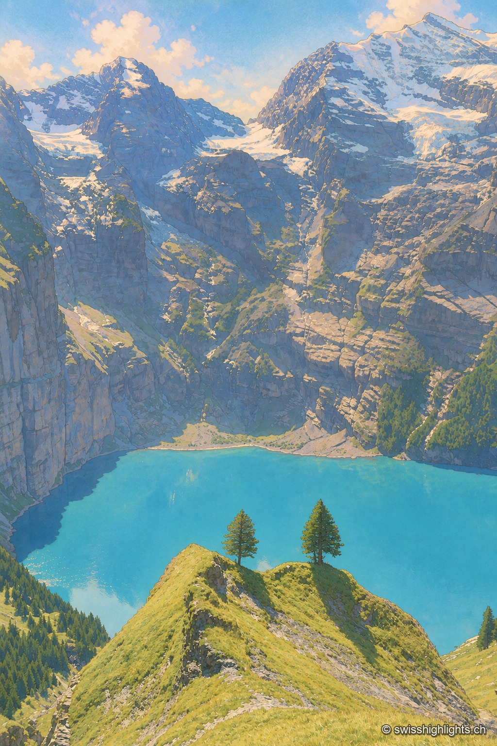 Vue verticale plongeante sur le lac turquoise d'Oeschinen depuis une arête herbeuse où se dressent deux sapins isolés, encadrée de hautes parois rocheuses striées de névés.