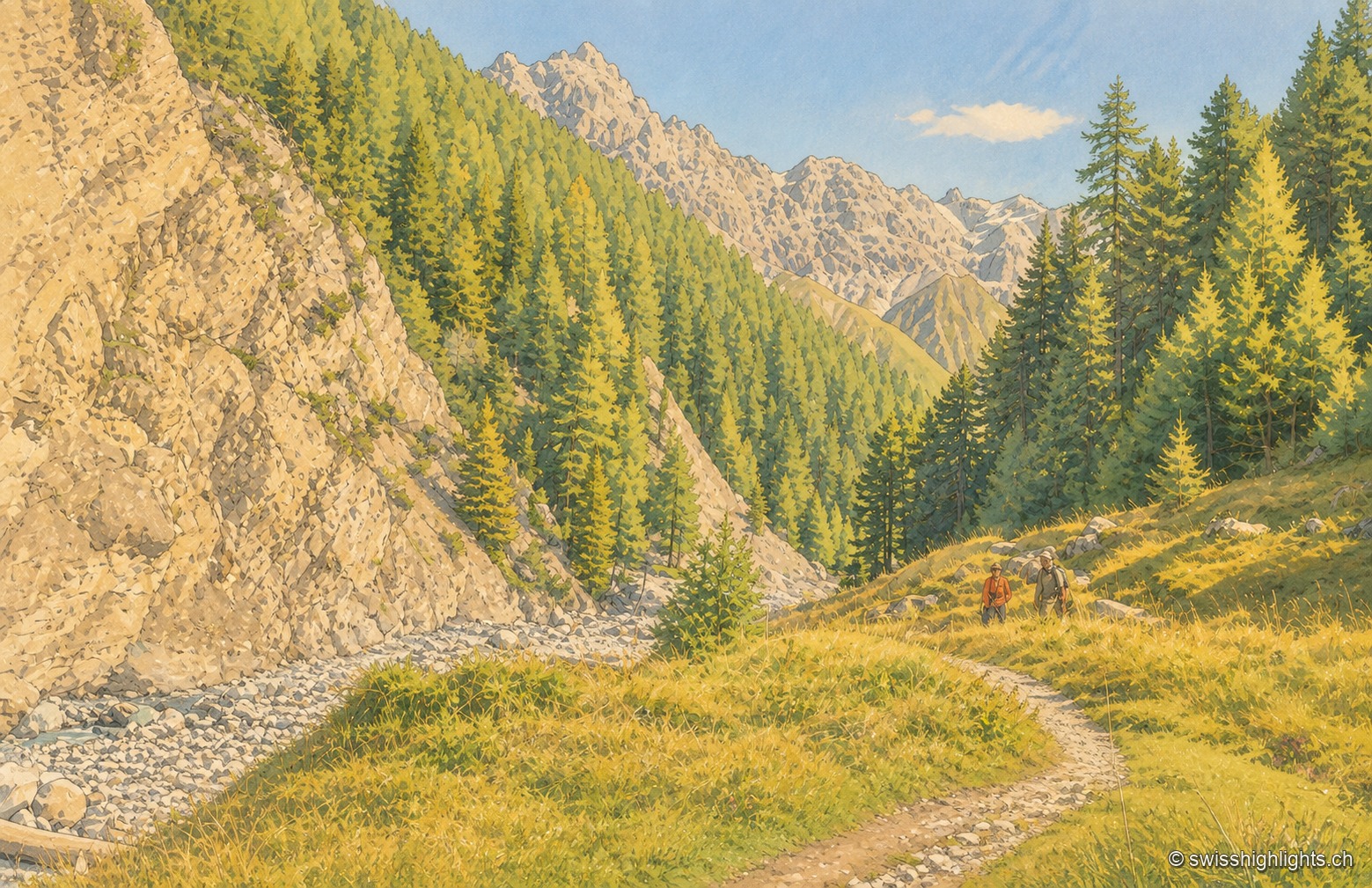 Sentier de randonnée serpentant au creux d'une vallée boisée du Parc national suisse, entre pins sombres et parois rocheuses claires, deux marcheurs minuscules sur le chemin caillouteux face aux sommets calcaires.