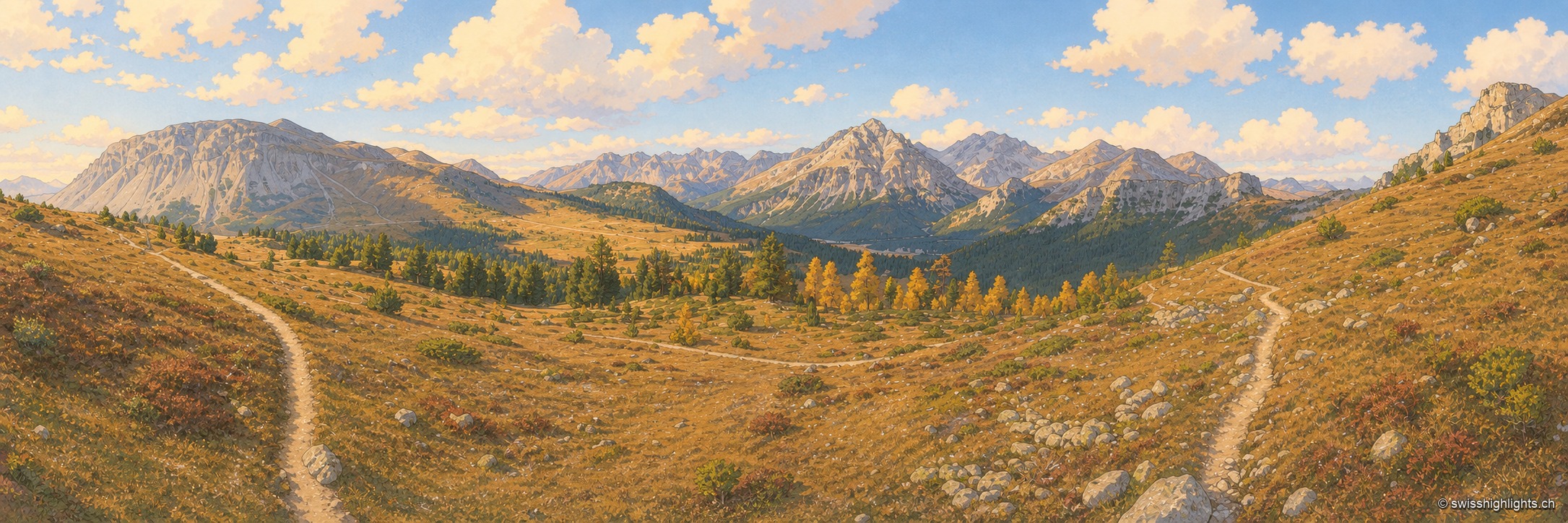 Panorama sur un large vallon d'alpage du Parc national suisse, un chemin de terre serpentant entre les mélèzes dorés d'automne et les pentes brunies, cerné d'une longue chaîne de sommets sous un ciel bleu à nuages épars.