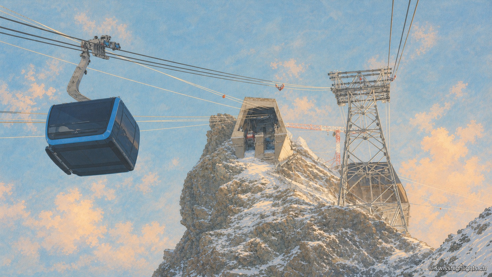 Sous un ciel d'hiver bleu profond, une cabine de téléphérique sombre glisse dans la moitié gauche du cadre, suspendue à ses câbles ; au centre, la station d'arrivée en béton est encastrée dans l'arête rocheuse enneigée du Petit Cervin, et un pylône d'acier se dresse à droite, dans la neige soulevée par le vent.