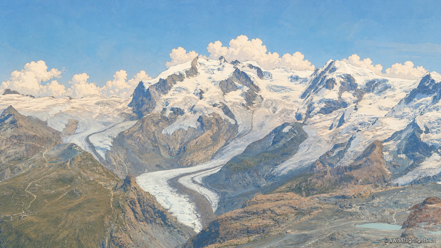 Vue aérienne du glacier du Gorner, large langue blanche crevassée qui serpente entre des parois rocheuses sombres, avec le massif du mont Rose entièrement enneigé et cerné de nuages à l'arrière-plan, sous un ciel bleu dégagé.