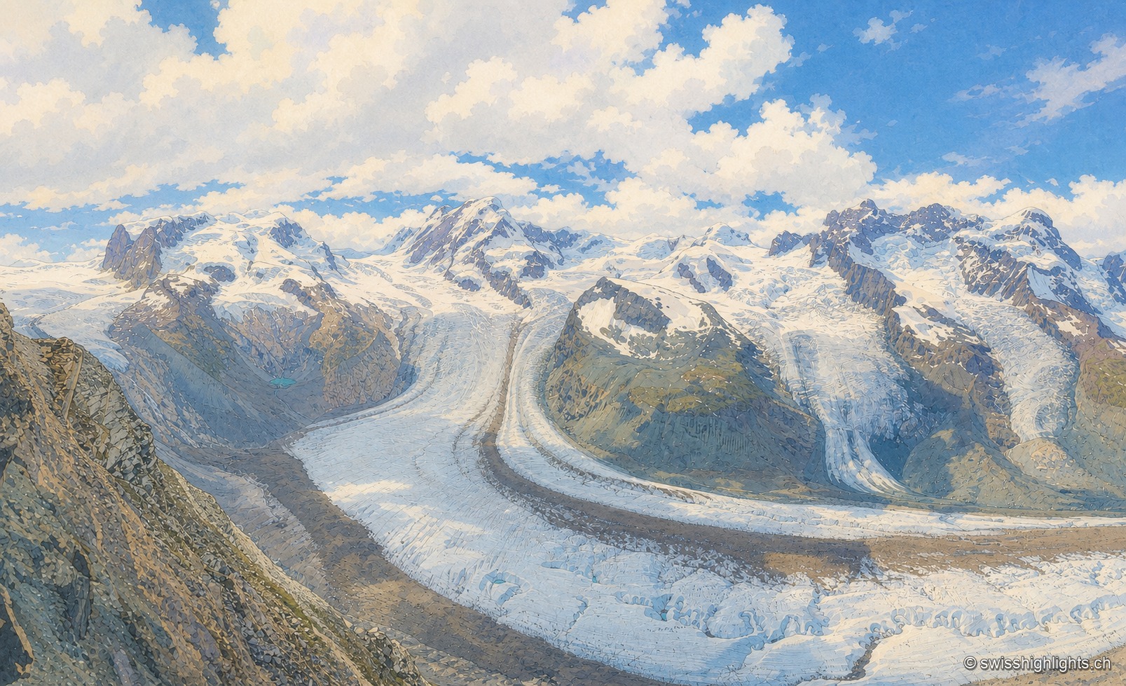 Vue sur le glacier du Gorner et le massif du mont Rose entièrement enneigé, la langue glaciaire crevassée serpentant entre des parois rocheuses sombres sous un ciel bleu parsemé de nuages.