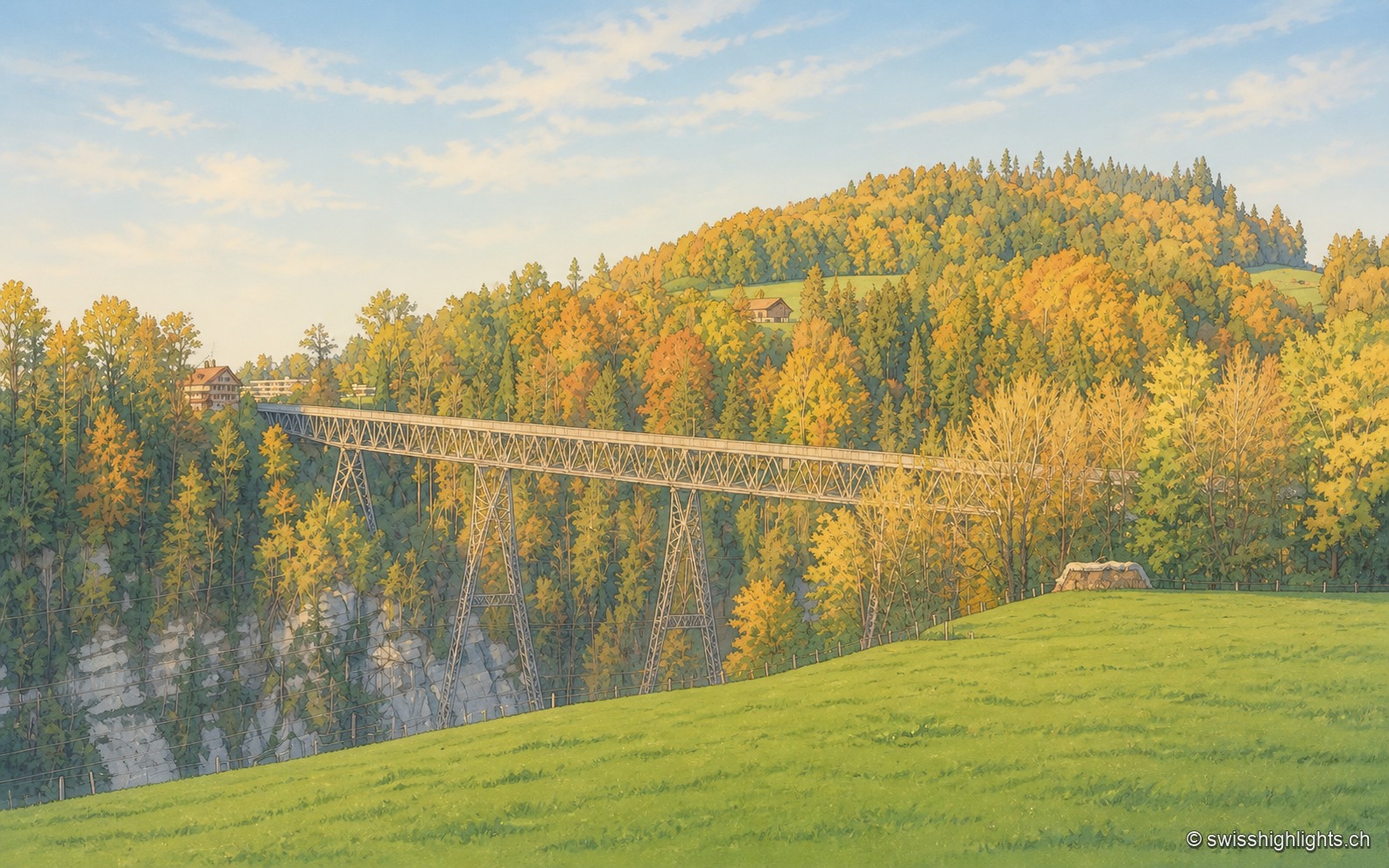 Vue aérienne d'un mince pont métallique enjambant la vallée boisée de la Sitter, entre prés verts et frondaisons dorées d'automne.
