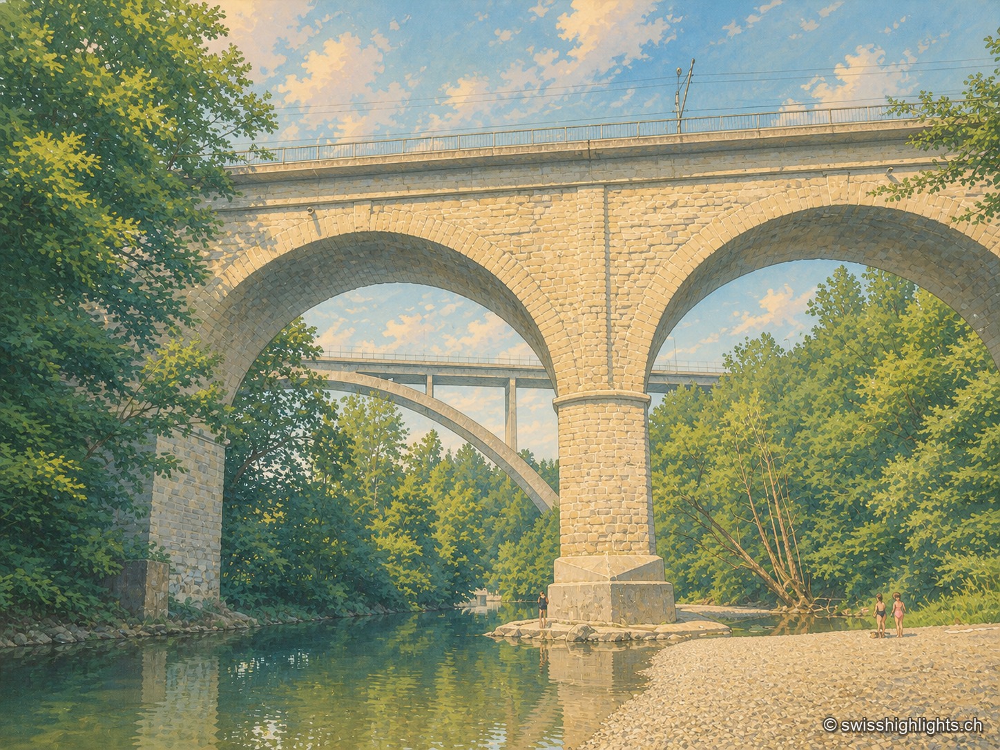 Le pont de Bruggen à plusieurs arches de pierre enjambant la Sitter parmi une végétation dense, vu depuis la rive au niveau de l'eau.