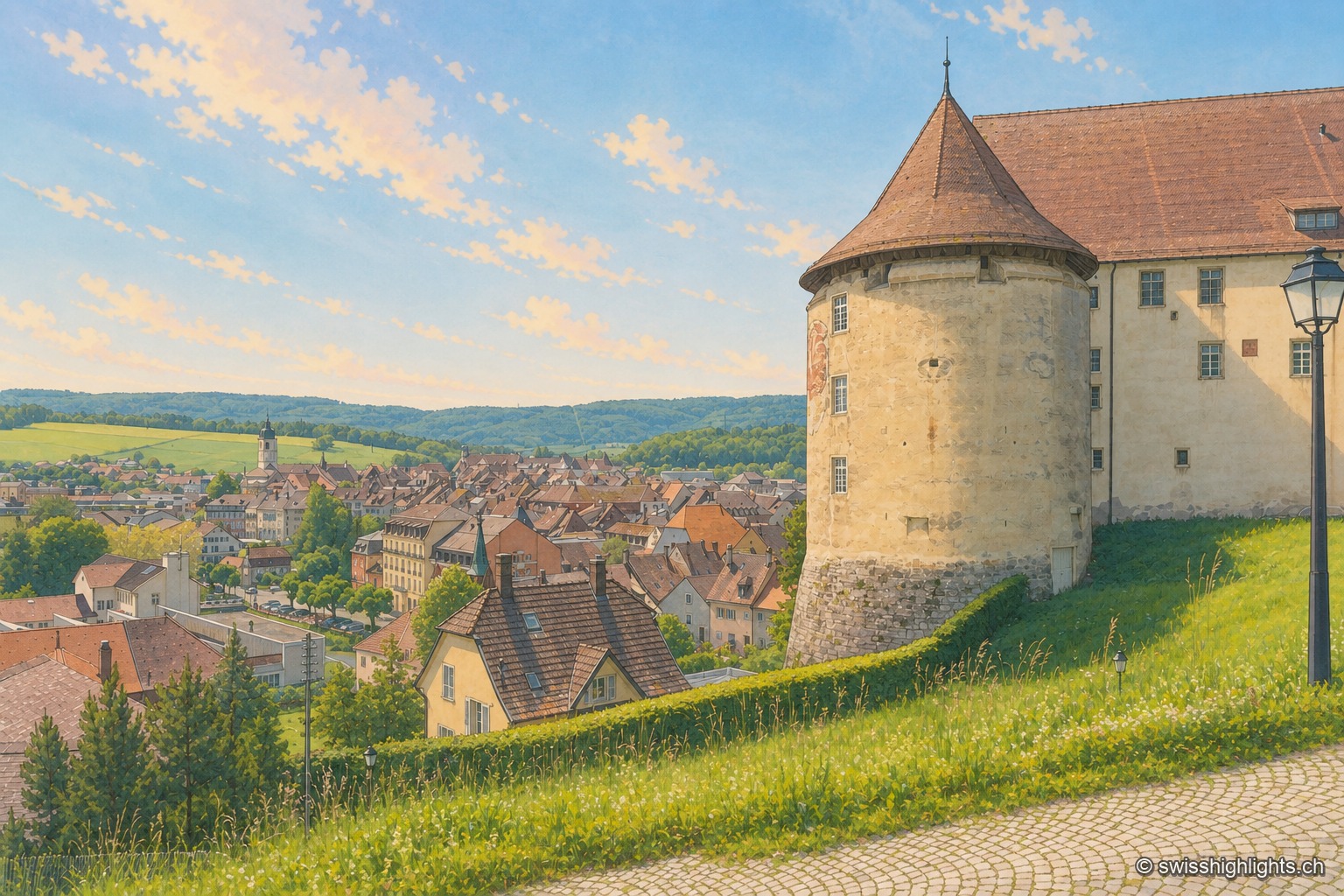 Depuis la terrasse du château, la grosse tour ronde à toit conique occupe la droite du cadre, contre le long bâtiment crépi de blanc ; en contrebas s'étalent les toits bruns et rouges de la vieille ville de Porrentruy, le clocher clair de l'église, et derrière eux les collines boisées du Jura sous un ciel d'été bleu pâle.
