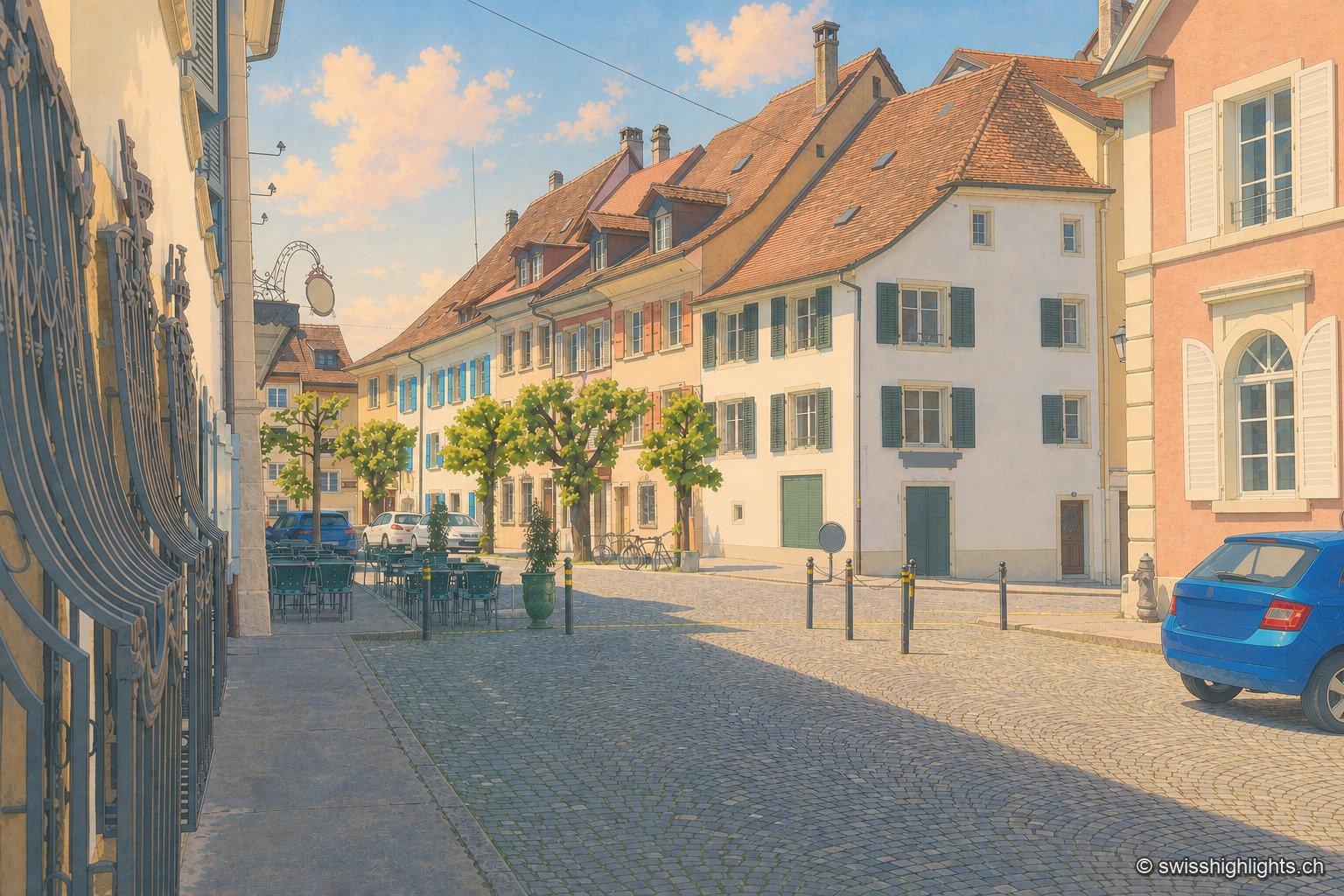 Une ruelle pavée de la vieille ville de Porrentruy, bordée de maisons aux façades ocre, blanches et roses sous des toits de tuiles brunes ; à gauche la terrasse d'un café sous des tilleuls taillés, à droite une voiture bleue garée entre des bornes de fer, sous un ciel bleu strié de nuages roses.