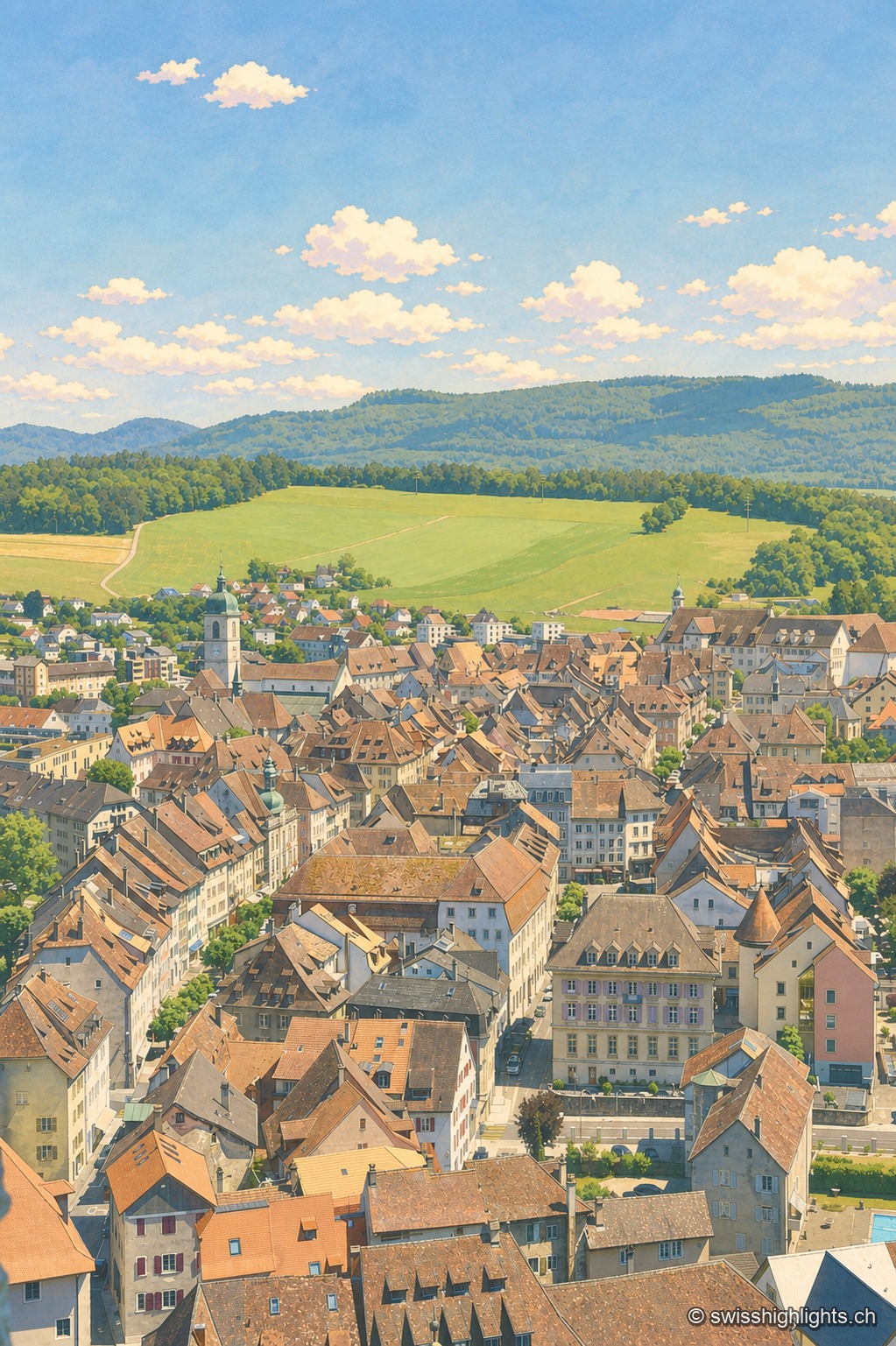 Vue plongeante depuis les hauteurs sur la vieille ville de Porrentruy : un enchevêtrement de toits bruns et de clochers descend vers des prés verts et les collines boisées du Jura, sous un ciel bleu semé de nuages blancs.