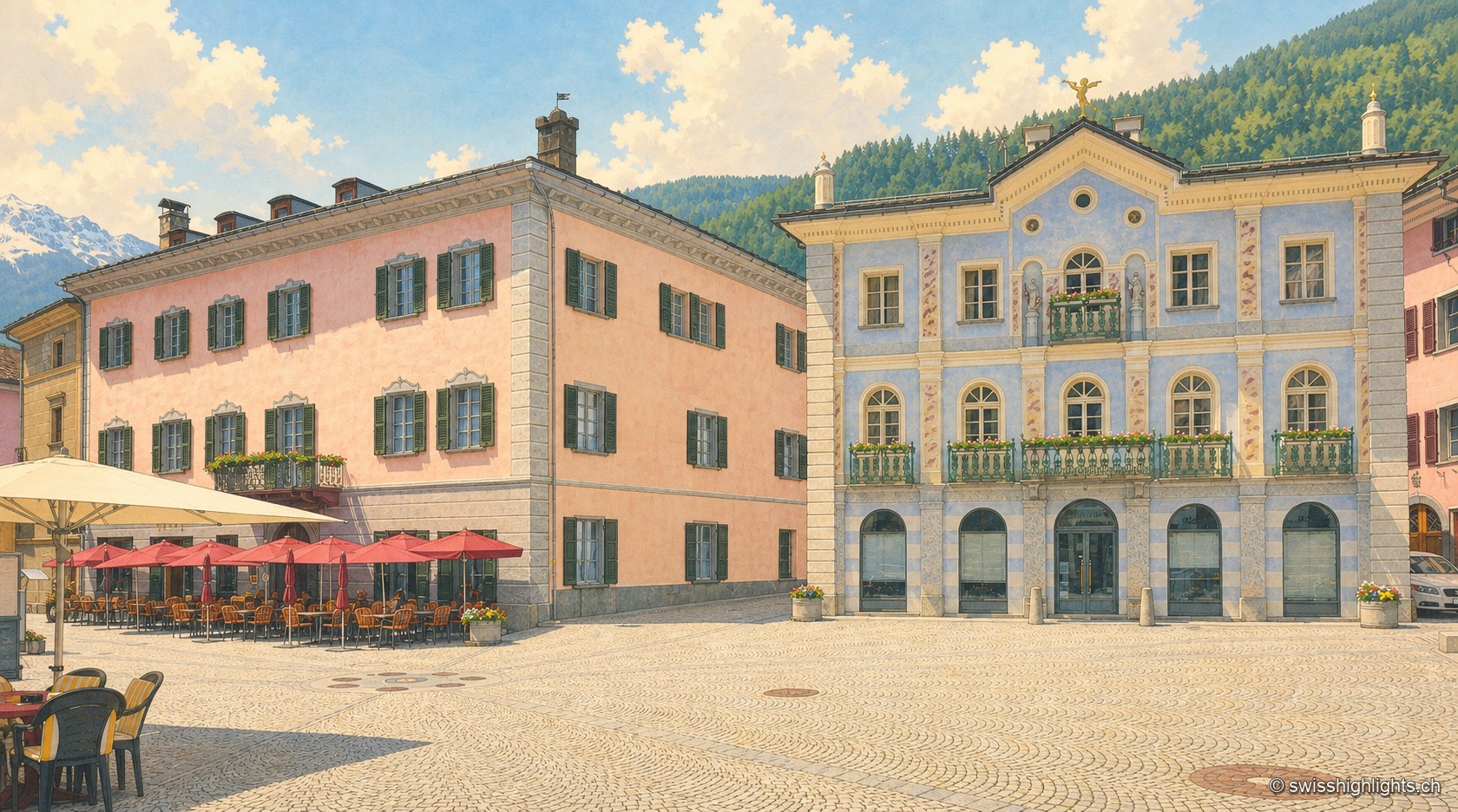La Piazza Comunale de Poschiavo : un palais rose aux volets verts fait face à un palais bleu pâle richement décoré de fresques et de balcons en fer forgé, avec des terrasses de café aux parasols rouges au premier plan et des pentes boisées en arrière-plan.