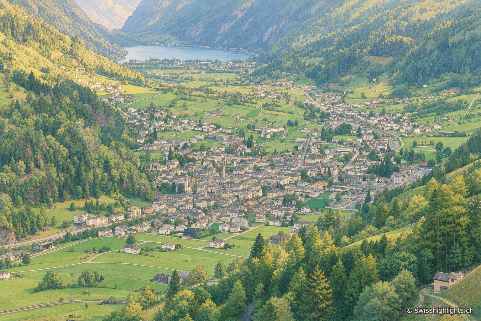 Vue plongeante sur la vallée de Poschiavo : le bourg aux toits gris s'étale entre des prés verts, entouré de versants boisés, avec un lac allongé visible au fond de la vallée.
