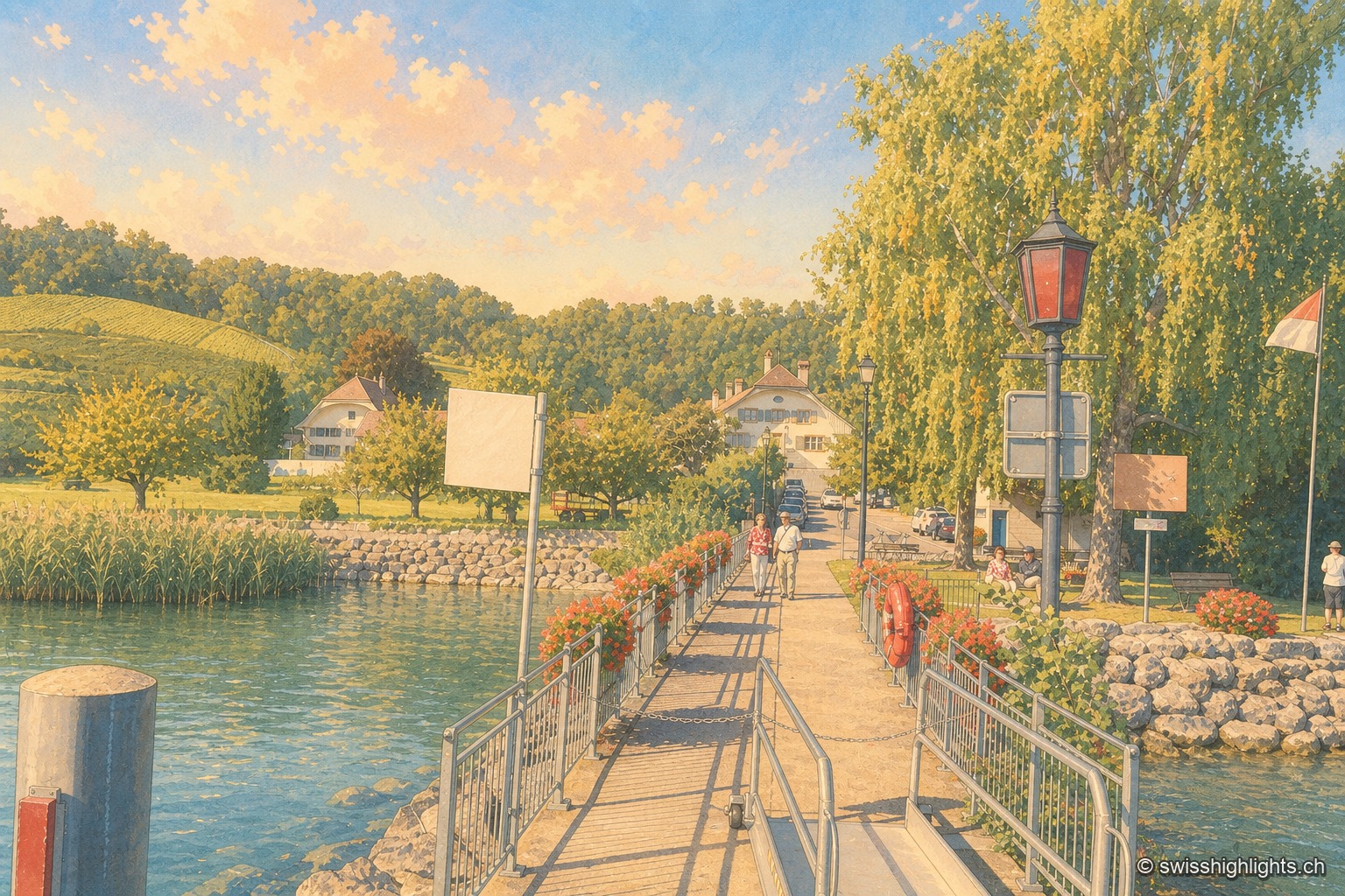 Un ponton de bois bordé de rambardes fleuries de géraniums rouges mène vers la rive du lac de Morat, entre roseaux et saules, avec des promeneurs, un réverbère rouge et des maisons de village en arrière-plan sous un ciel de fin de journée.