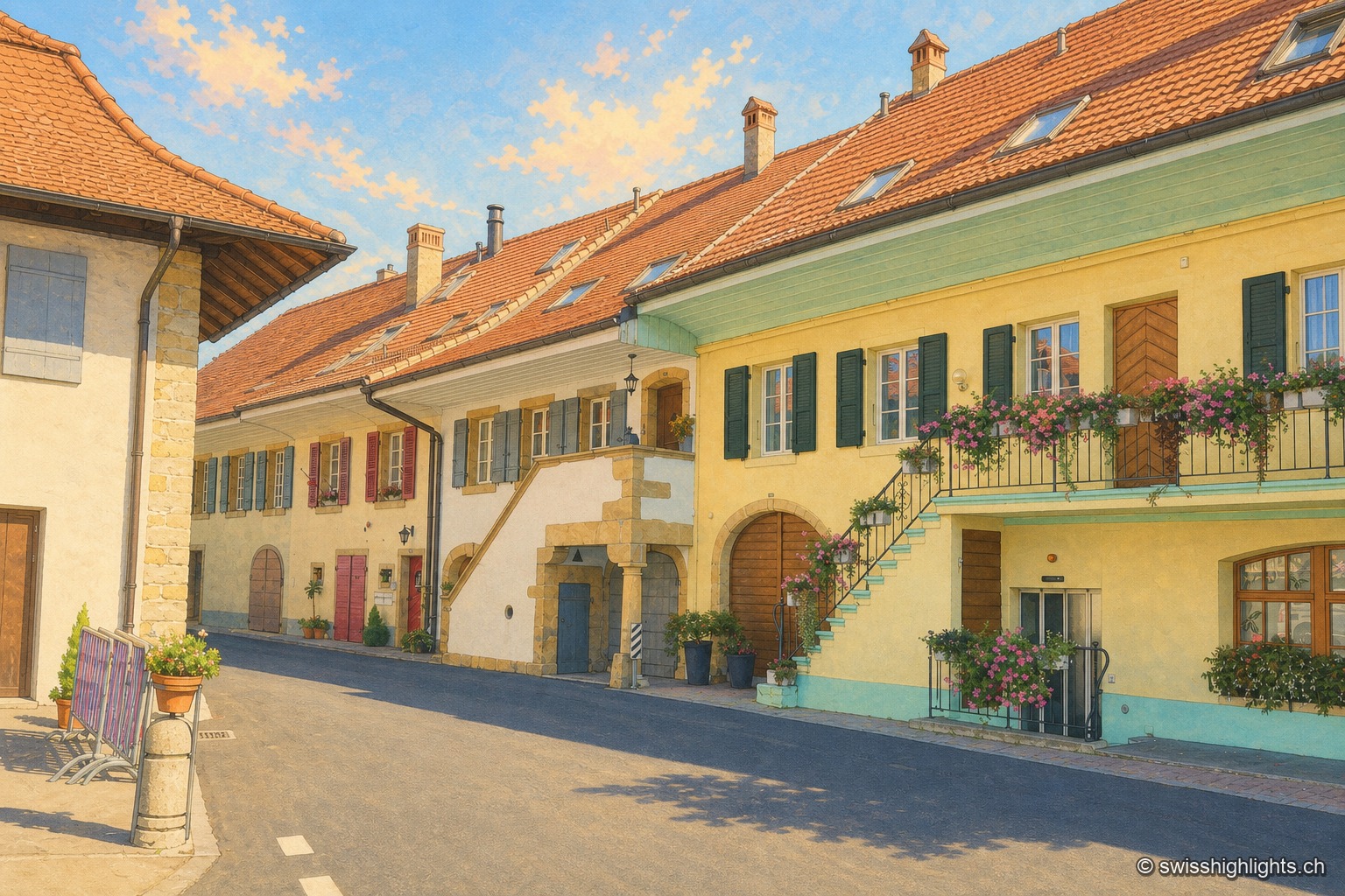 Une rue de Praz bordée de maisons vigneronnes aux façades jaunes, vertes et blanches, aux toits de tuiles et aux escaliers extérieurs en pierre, ornées de balcons fleuris, sous un ciel dégagé du soir.