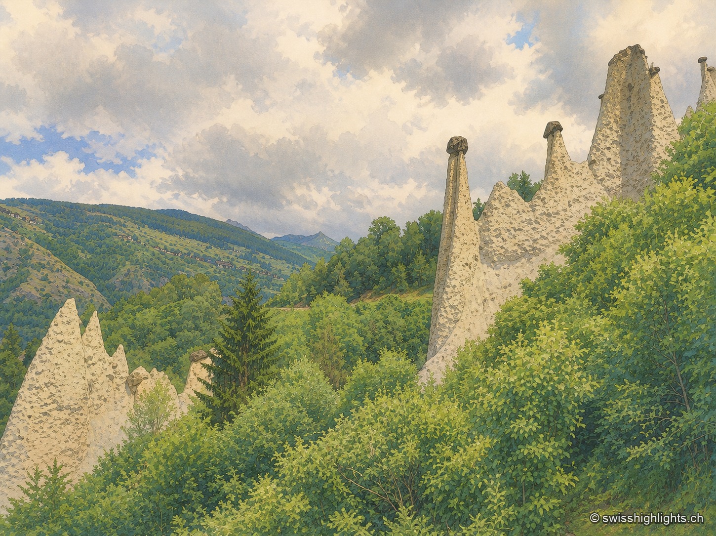 Vue élargie sur les pyramides d'Euseigne : plusieurs flèches de moraine coiffées de blocs rocheux émergent d'un versant couvert de buissons et de mélèzes, avec le val d'Hérens et des sommets dans la brume à l'arrière-plan sous un ciel nuageux.