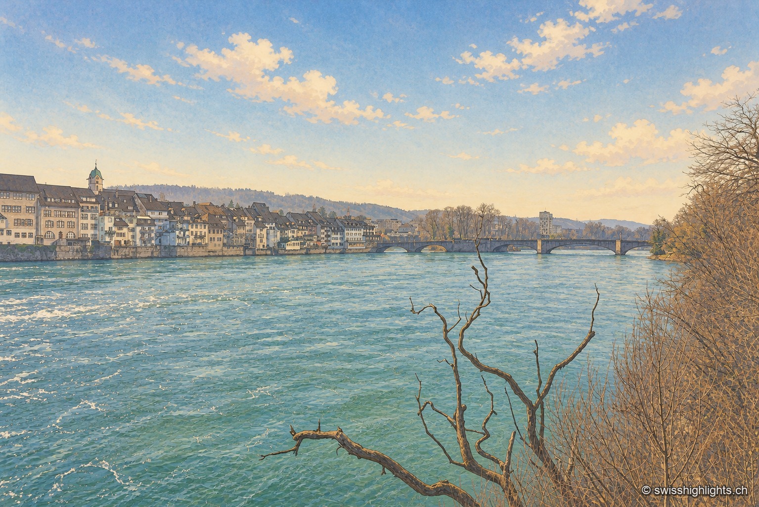 La vieille ville de Rheinfelden vue depuis l'autre rive du Rhin en hiver : une rangée de maisons aux façades colorées et un clocher pointu longent le fleuve turquoise, qu'un pont à arches traverse vers une rive garnie d'arbres dénudés.