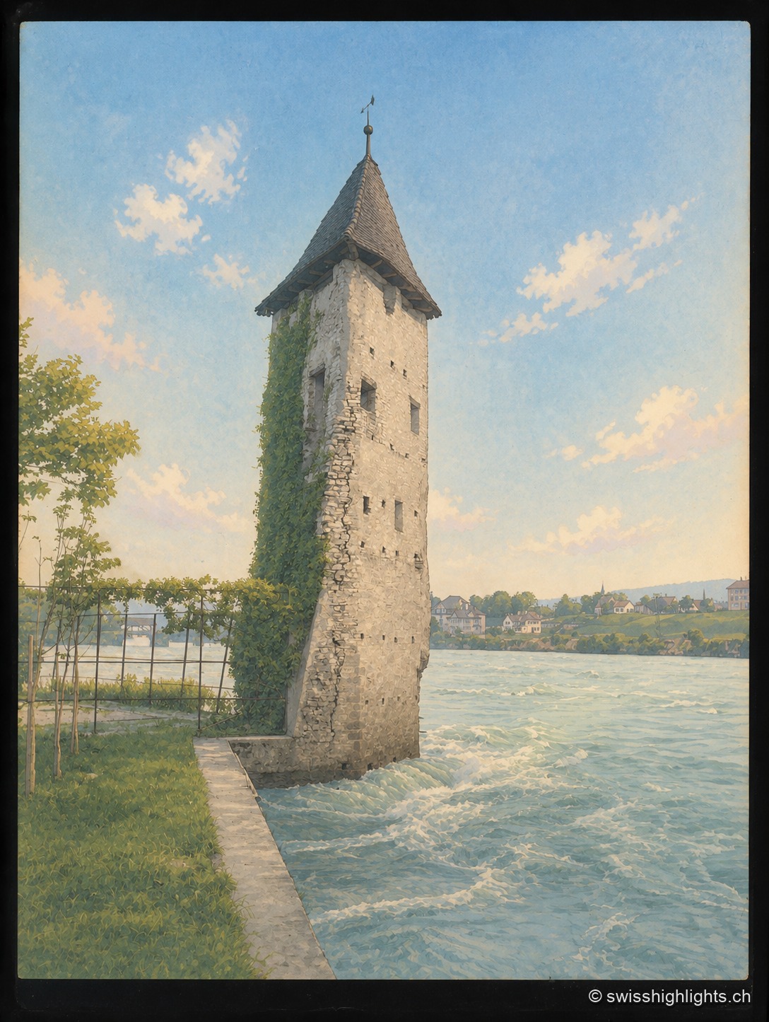 Une ancienne tour de guet en pierre, couverte de lierre et coiffée d'un toit pointu, se dresse au milieu du Rhin dont les flots agités viennent battre sa base ; sur la rive opposée, les toits de la ville et un clocher se devinent au loin.