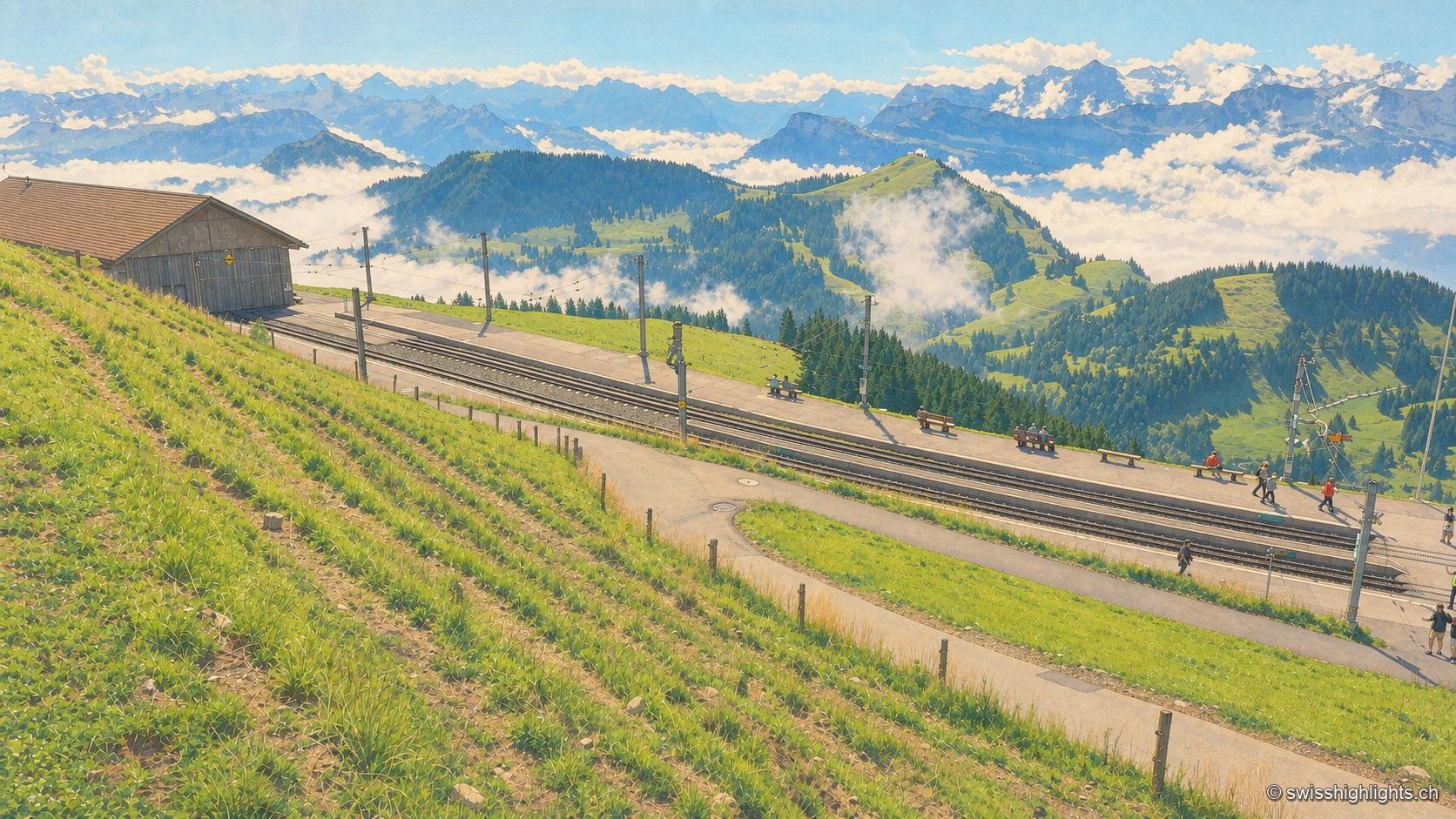 Une voie de chemin de fer à crémaillère grimpe entre des prés en terrasses du Rigi, bordée de poteaux électriques et de promeneurs, avec un chalet de bois à gauche et des sommets alpins émergeant de la brume à l'horizon.