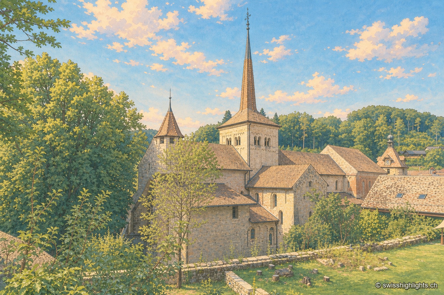 Le clocher pointu de l'abbatiale de Romainmôtier domine les toits du village, encadré par des arbres et un muret de pierre, sous un ciel strié de nuages roses.