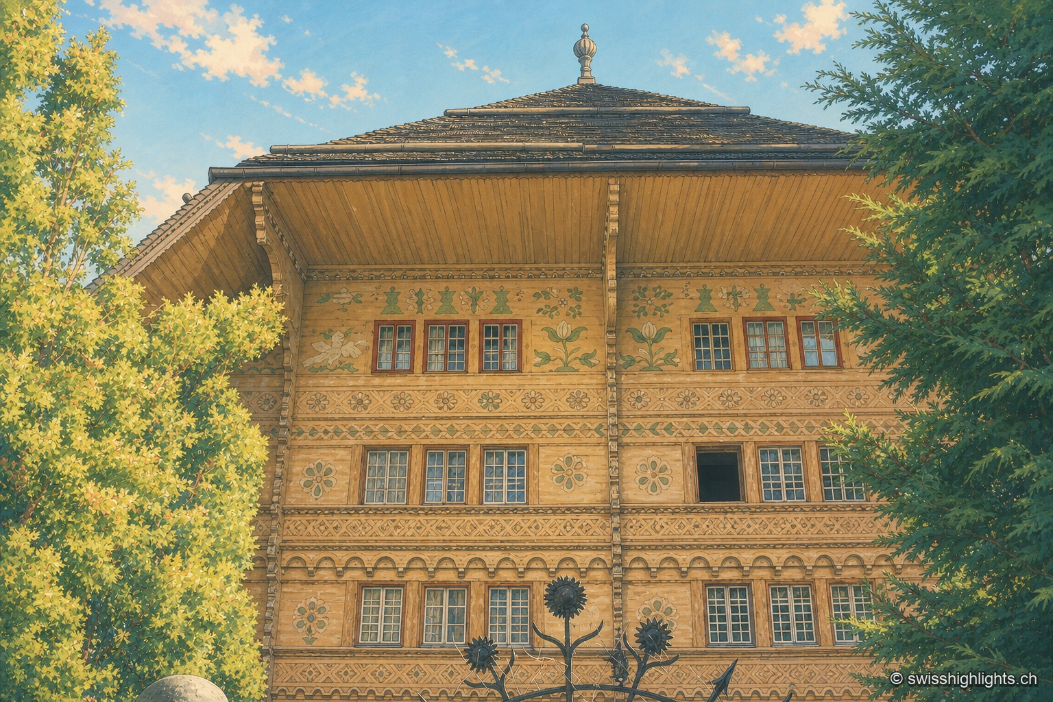 Détail de la façade en bois sculpté du Grand Chalet de Rossinière, ornée de motifs géométriques peints et de rangées de petites fenêtres, encadrée par la végétation.