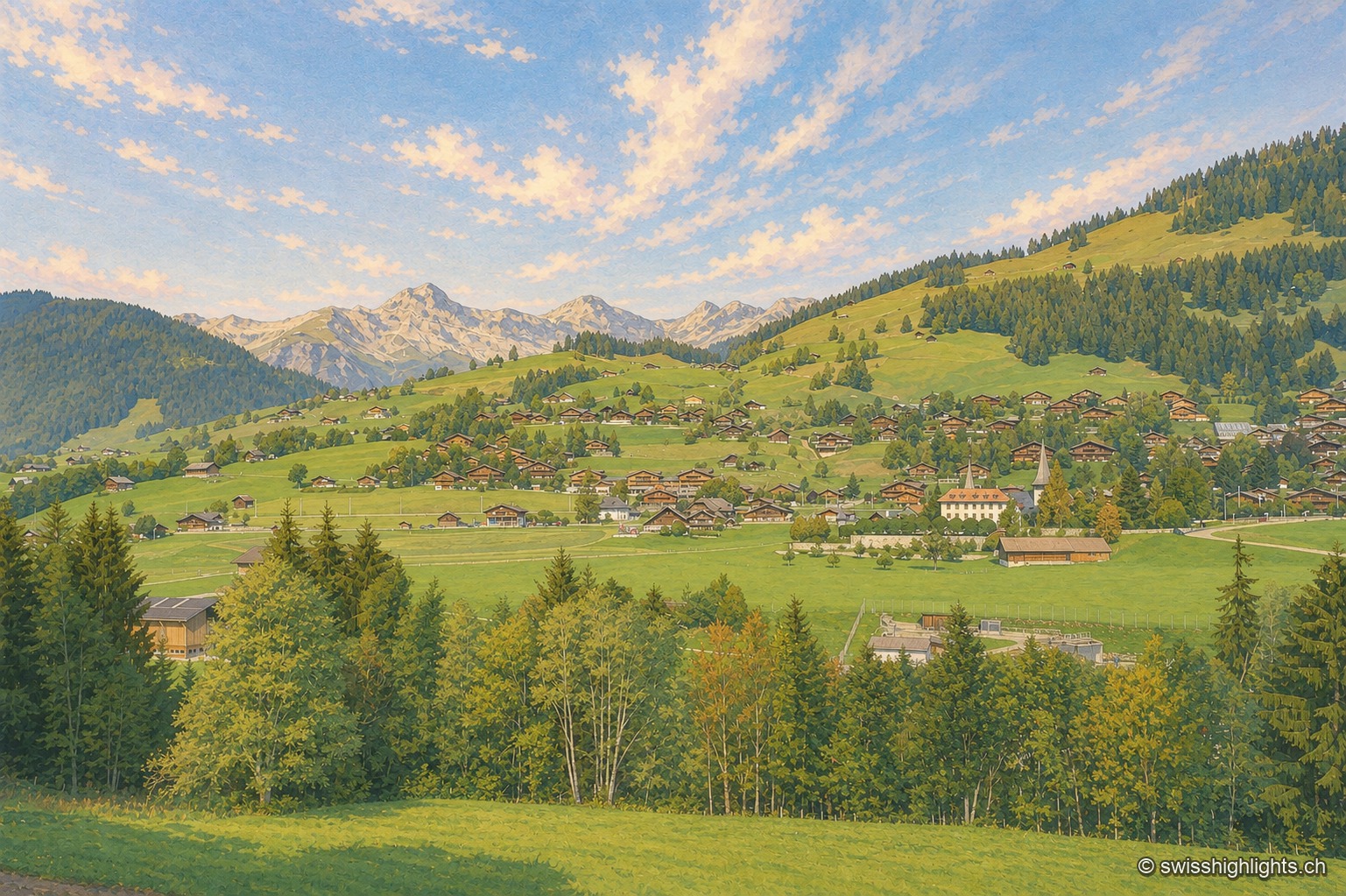 Le village de Rougemont niché dans la vallée de la Sarine, ses toits bruns et son clocher blanc entourés de prés verts et de sapins, avec les sommets des Alpes vaudoises se profilant à l'horizon sous un ciel nuageux.