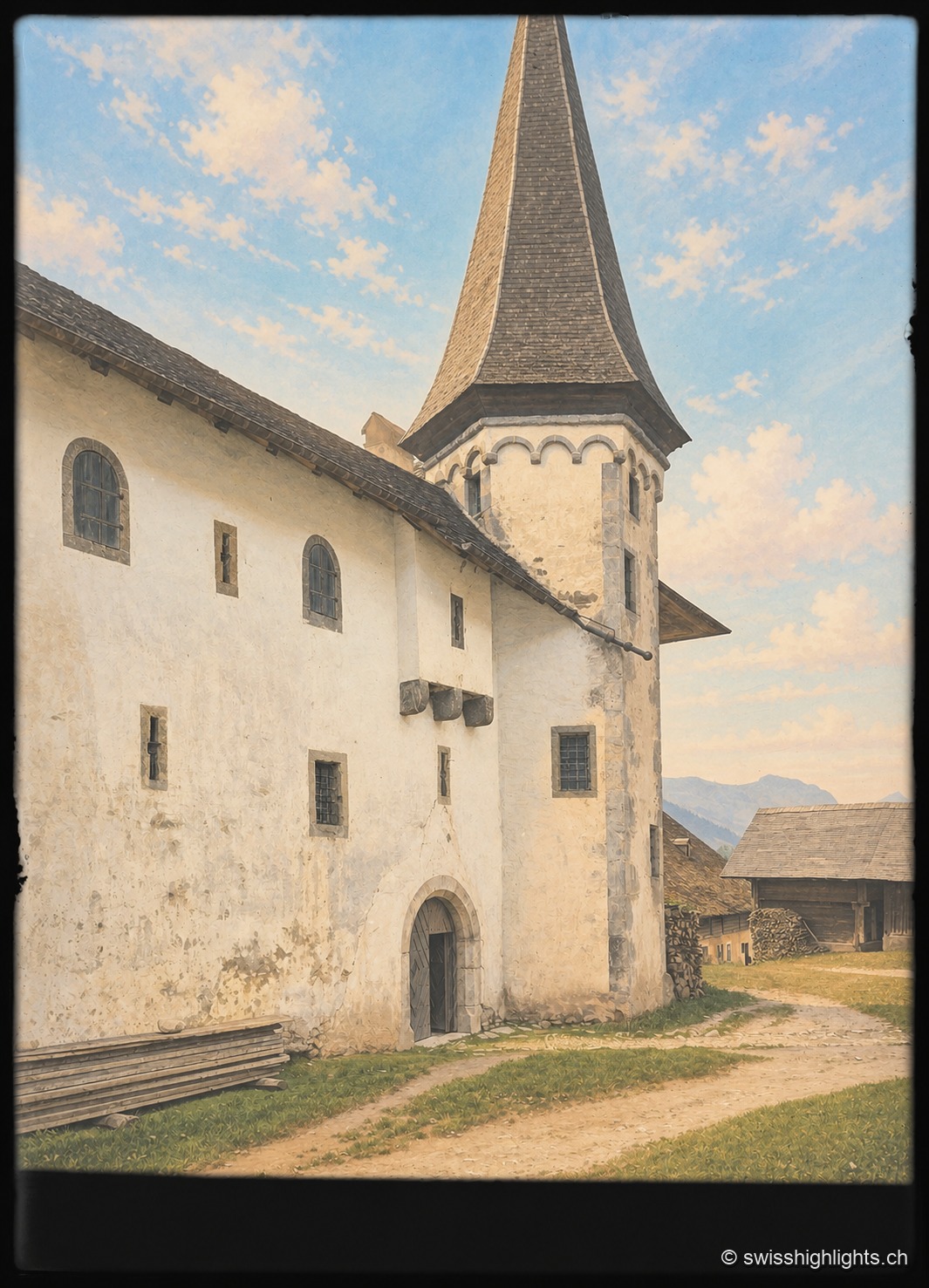 Le château de Rougemont : sa tour ronde à toit conique et ses murs blanchis dominent une allée de terre bordée d'un bâtiment agricole voisin, sous un ciel clair.
