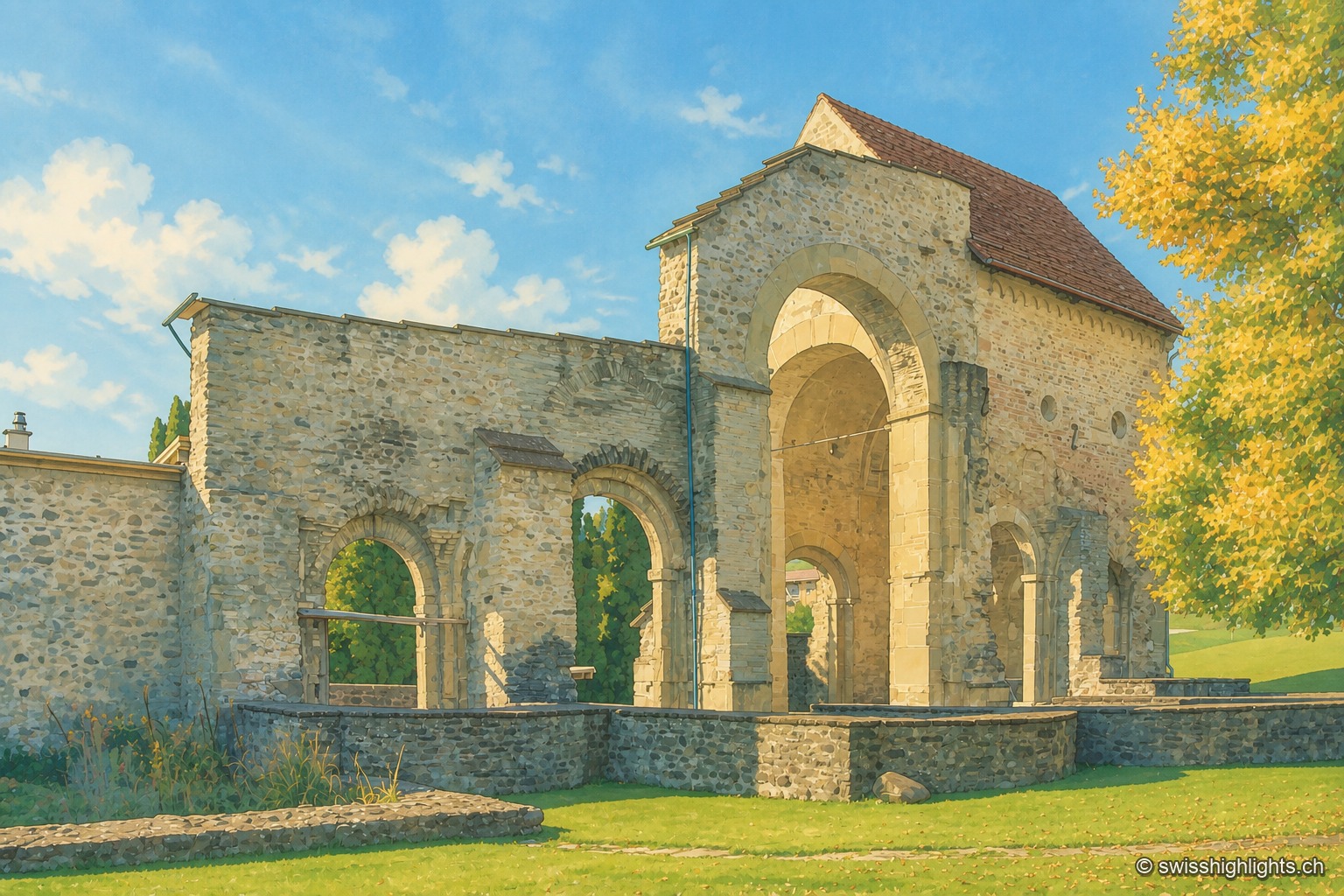 Les arcades en ruine du prieuré de Rüeggisberg baignées de lumière dorée, un arbre aux feuilles jaunissantes au premier plan et un muret de pierre bordant la pelouse.
