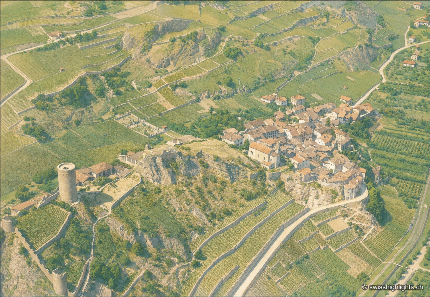 Vue aérienne colorisée de Saillon : à gauche, la tour ronde et les bâtiments du prieuré occupent un éperon rocheux distinct ; à droite, le village avec son clocher se serre sur un second promontoire, entourés de vignes en terrasses et de chemins sinueux dans la vallée.