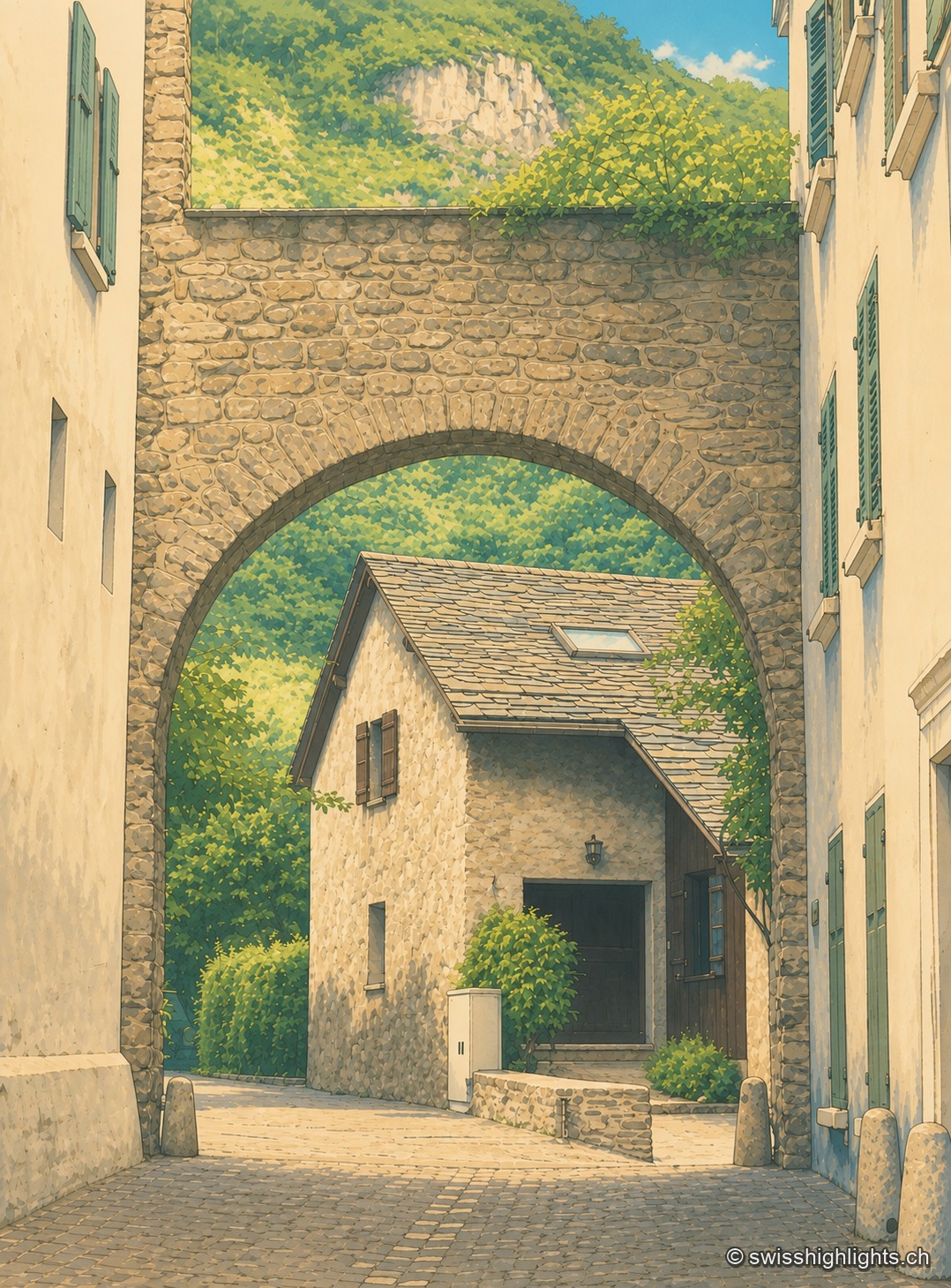 Vue portrait d'une ruelle fortifiée de Saillon, colorisée en tons pastel : un passage voûté de pierre s'ouvre sous une arche des remparts médiévaux du bourg.