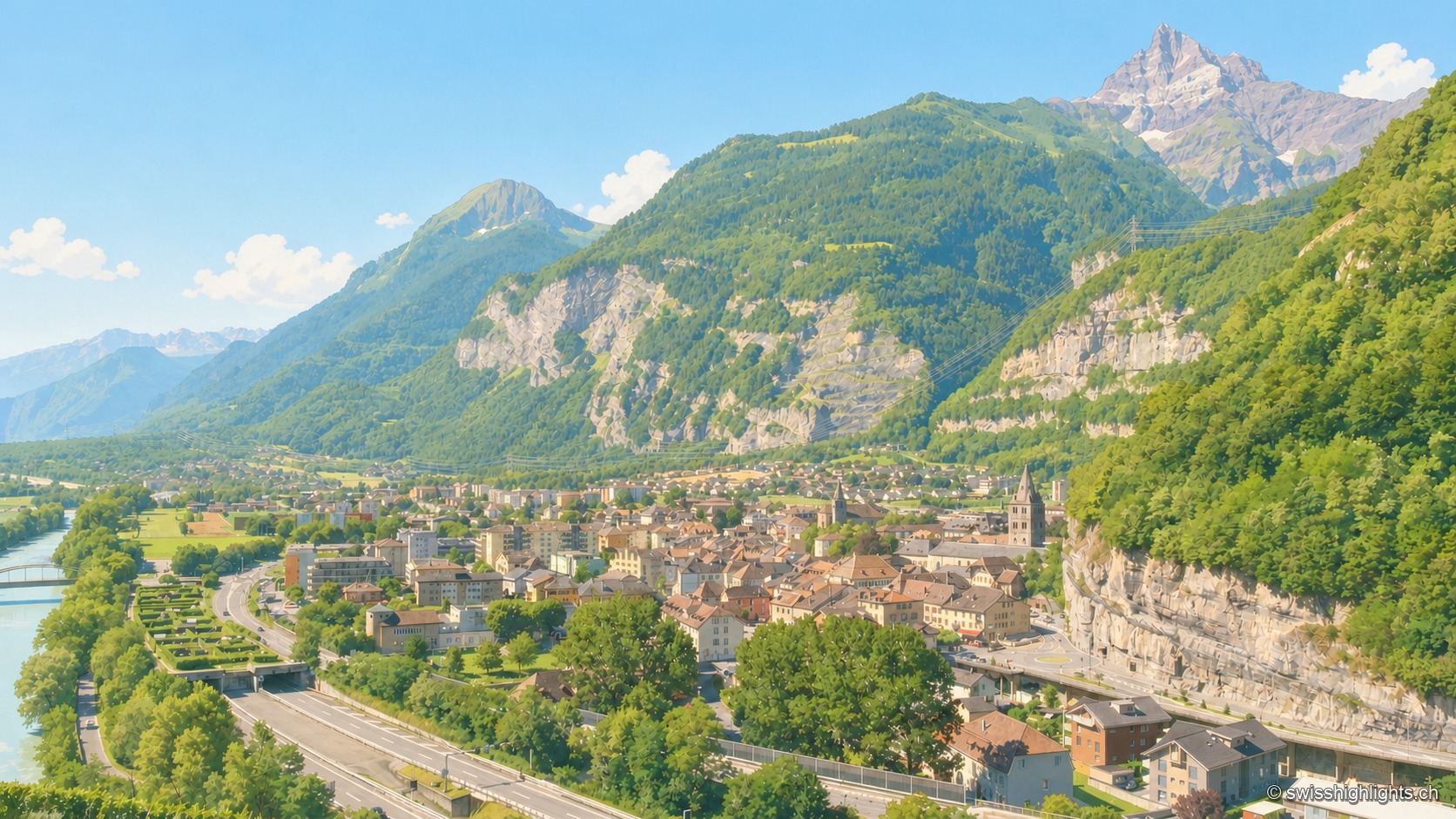 Vue plongeante en été sur Saint-Maurice, prise depuis un point haut au sud : la ville occupe l'étroite plaine entre le Rhône, vert émeraude et bordé de talus engazonnés à gauche, et une falaise calcaire abrupte à droite, percée d'une galerie routière ; au centre, les clochers de l'abbaye et de la ville se détachent parmi les toits ; au loin, sous un ciel bleu dégagé, une cime rocheuse acérée — les Dents du Midi — domine la vallée.