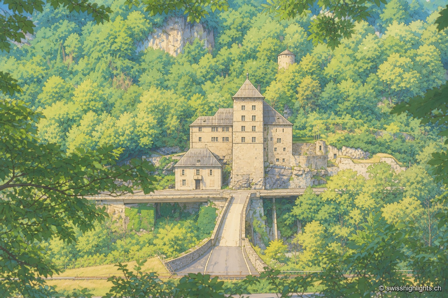 Le château de Saint-Maurice, adossé à la falaise rocheuse, avec son pont d'accès et ses tours de pierre encadrées par un feuillage au premier plan.