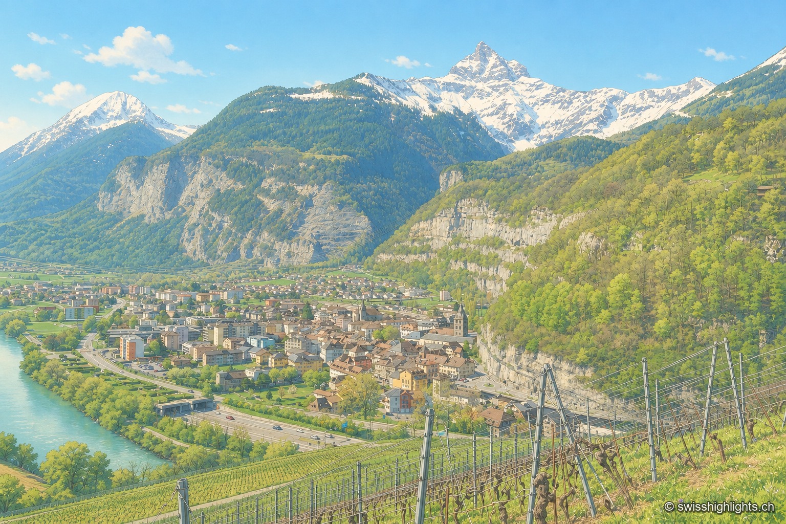 Vue sur Saint-Maurice depuis un coteau de vigne, avec la ville et le Rhône en contrebas, les falaises calcaires et les Dents du Midi enneigées se découpant à l'horizon.