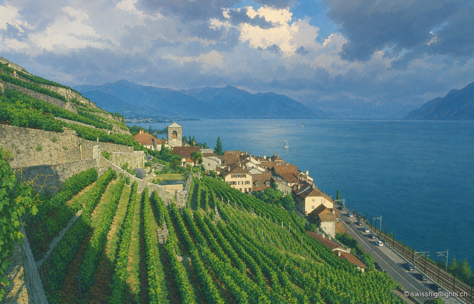 Crépuscule orageux sur les terrasses viticoles de Lavaux, avec le village de Saint-Saphorin au bord du lac Léman sous un ciel dramatique.