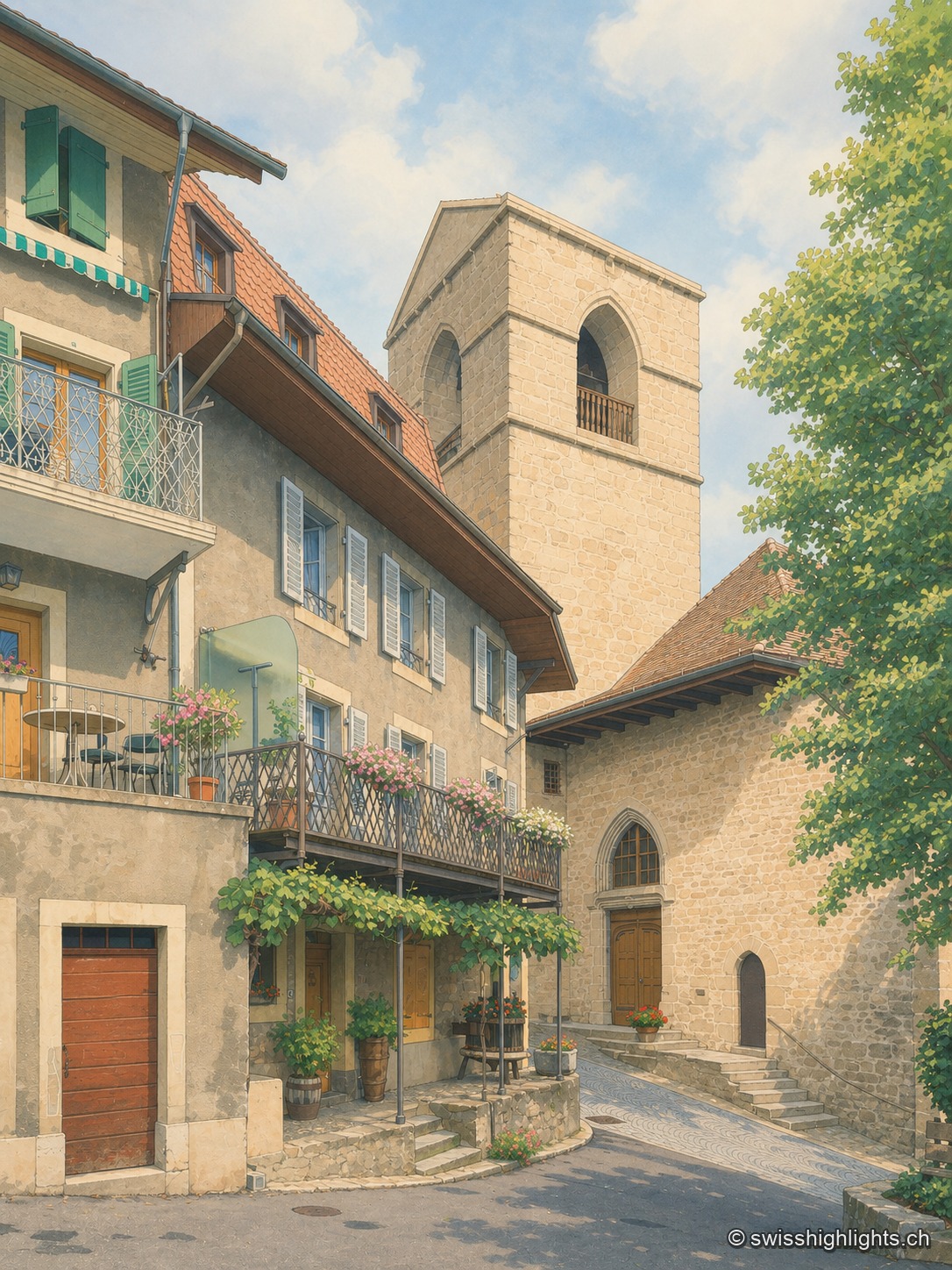 Une ruelle du centre historique de Saint-Saphorin encadrée de façades vigneronnes et de balcons de bois, avec le clocher de l'église qui domine les toits, sous des arbres en bordure.